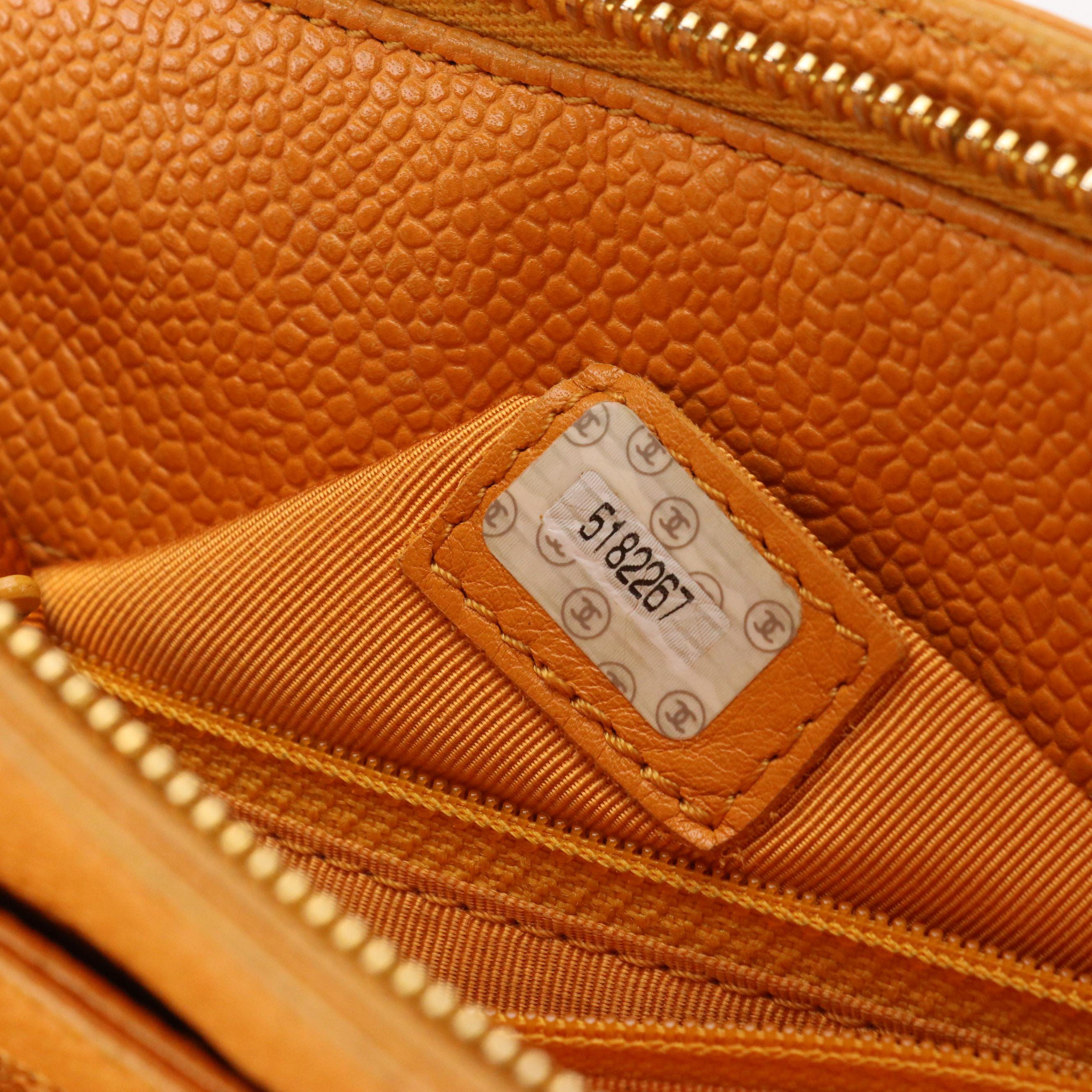 Chanel Embroidered Logo Shoulder Bag in Orange Caviar Leather