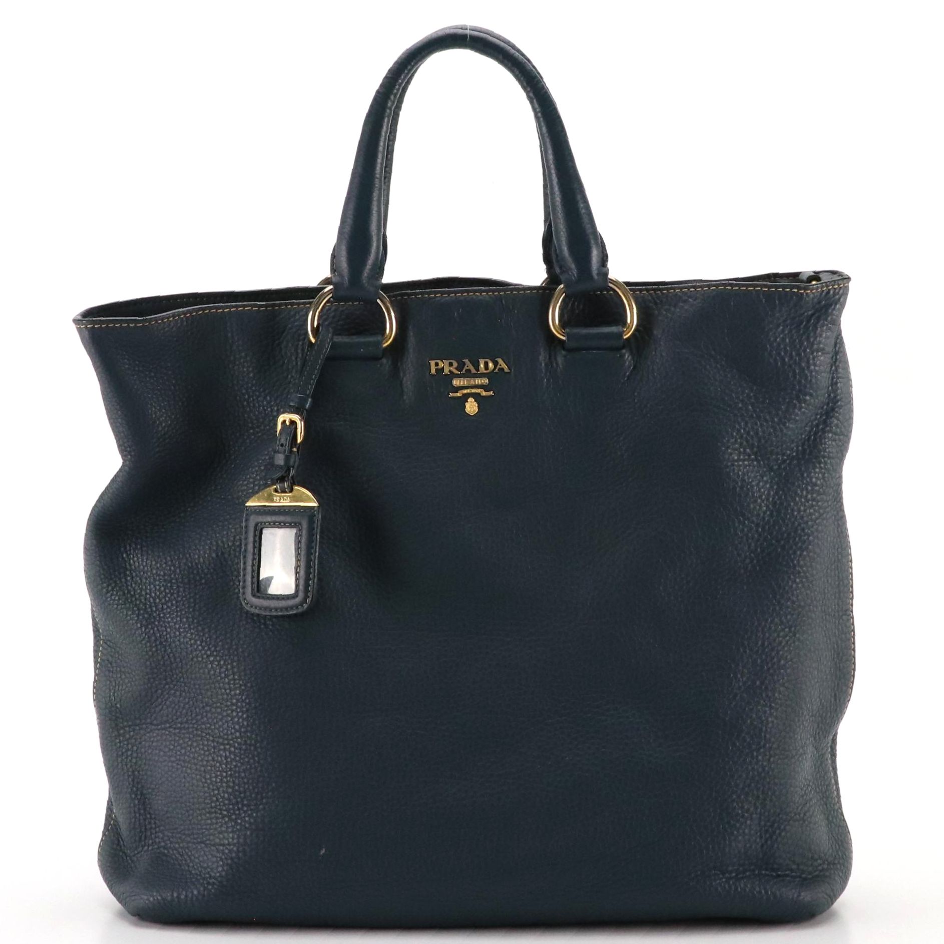Prada Large Two-Way Tote in Navy Blue Vitello Daino Leather
