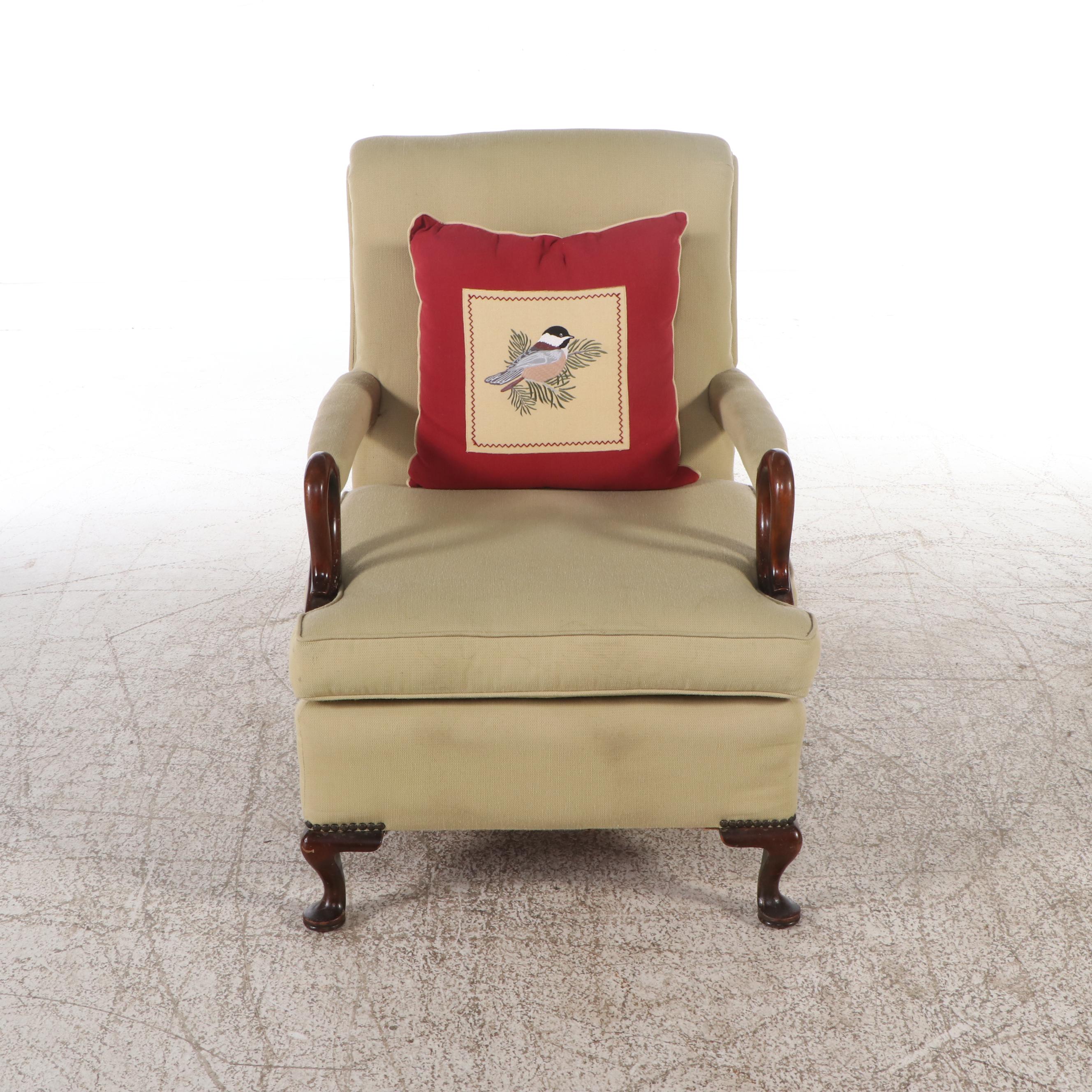 Queen Anne Style Fabric Upholstered Swan-Arm Chair, Mid to Late 20th Century