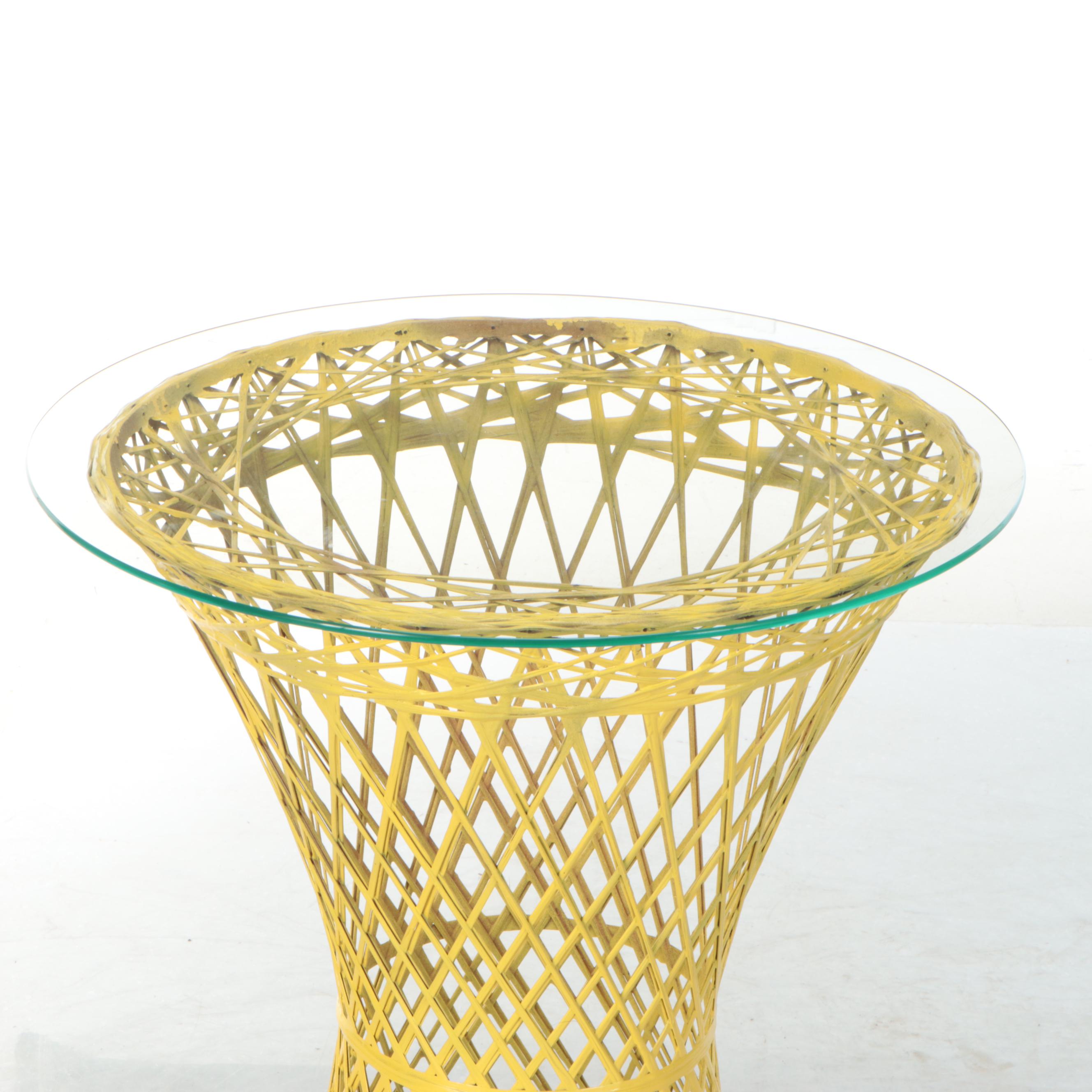 Woven Yellow Fiberglass Accent Table with Glass Top