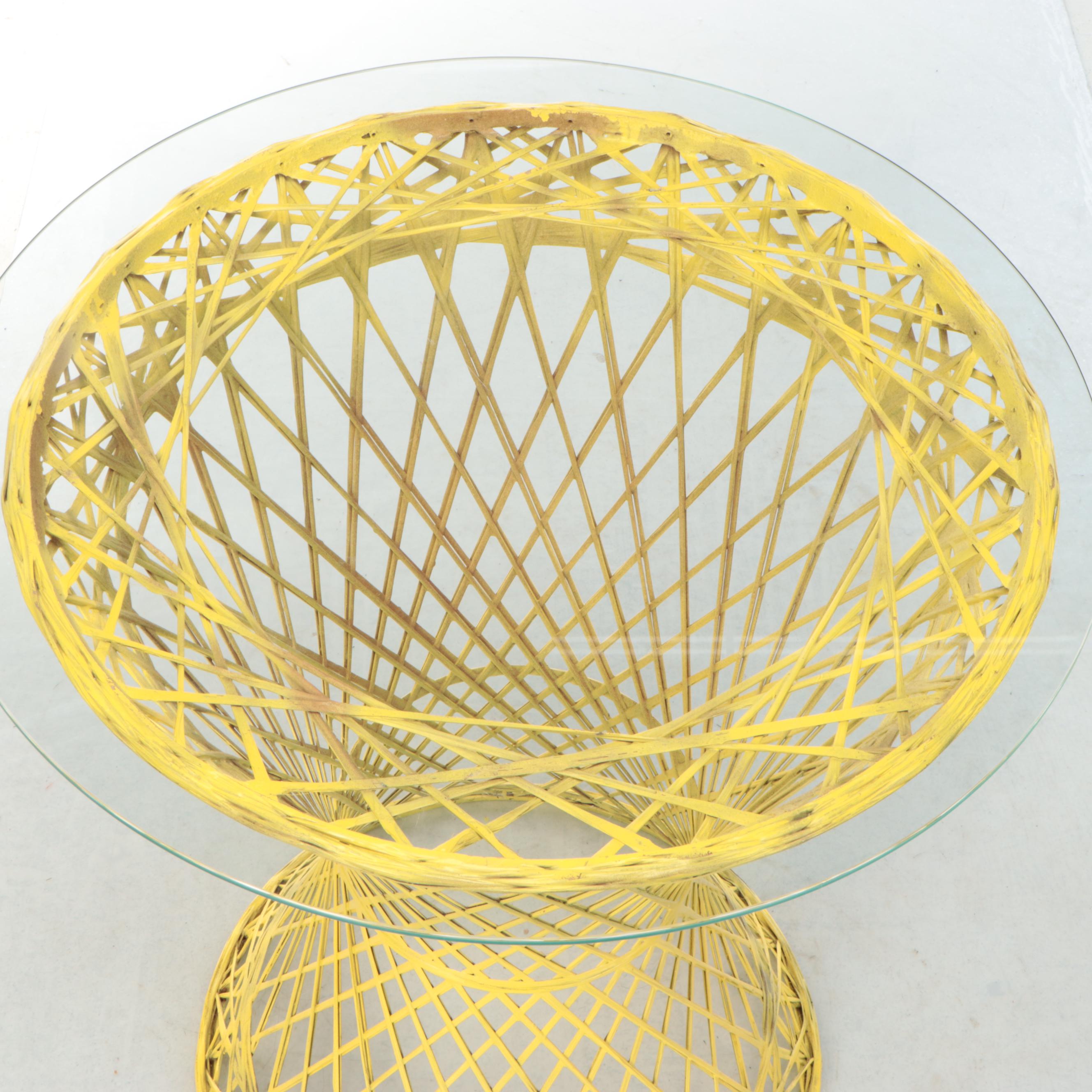 Woven Yellow Fiberglass Accent Table with Glass Top