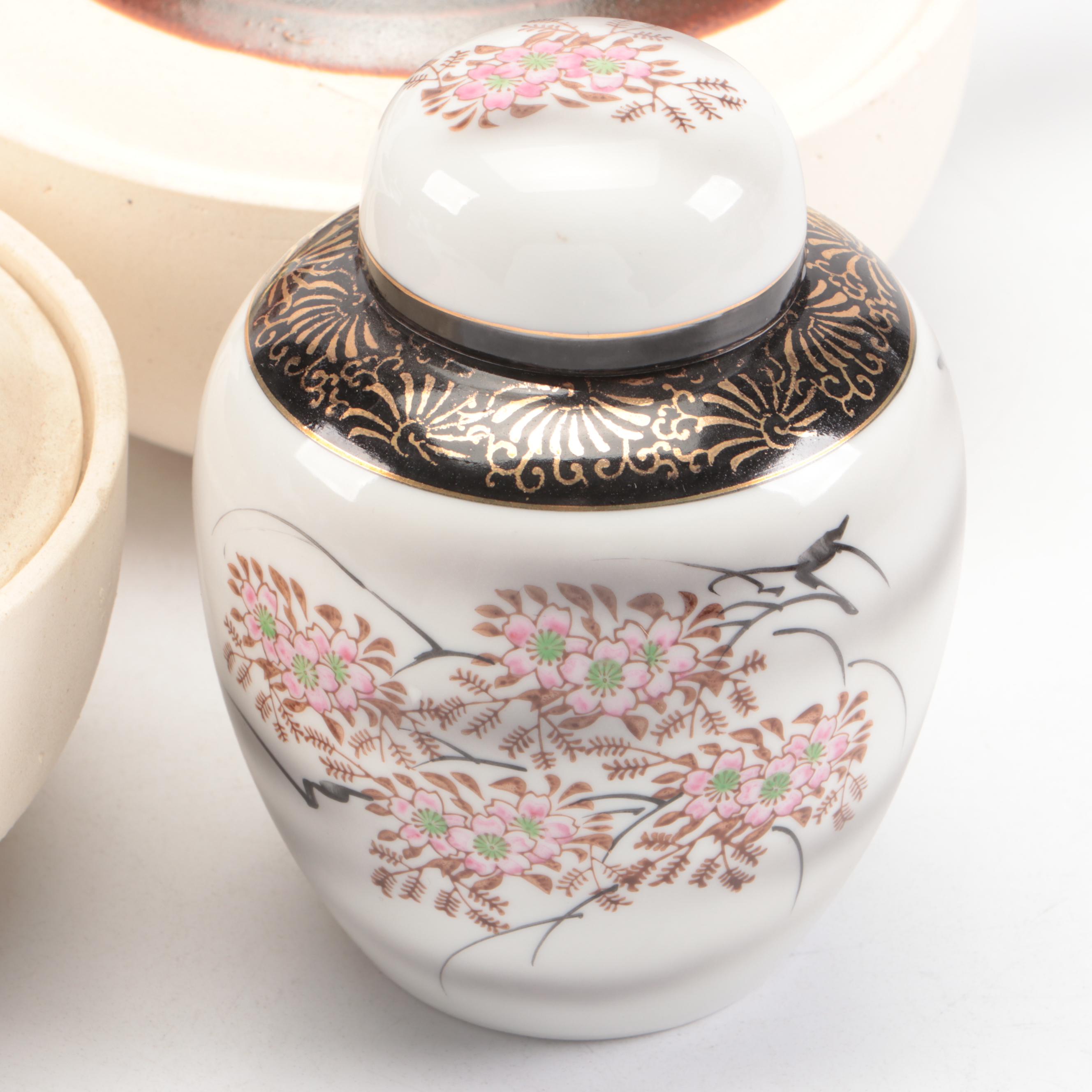 Japanese Ceramic Cherry Blossom Ginger Jar and Bowls with Other Asian Ware