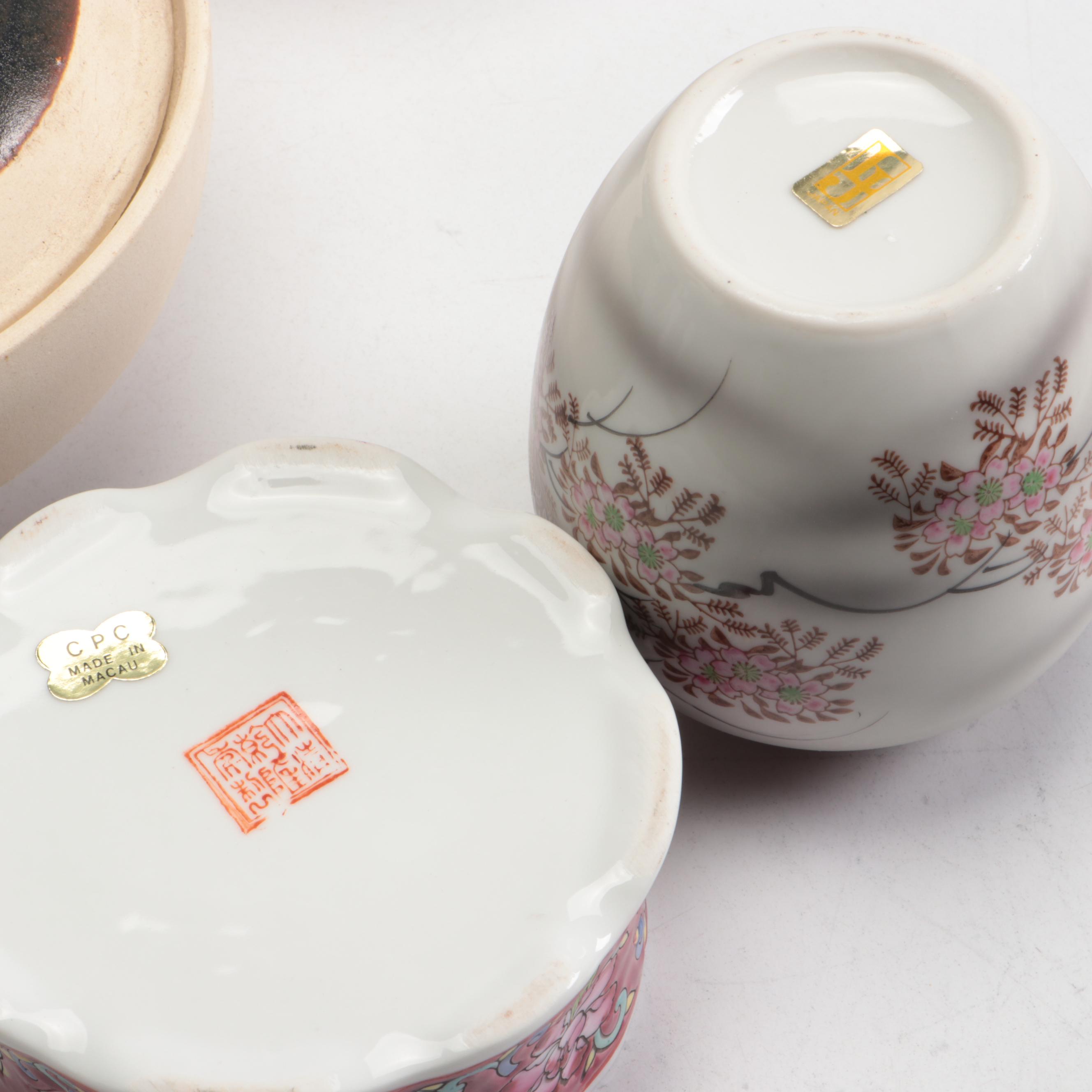 Japanese Ceramic Cherry Blossom Ginger Jar and Bowls with Other Asian Ware