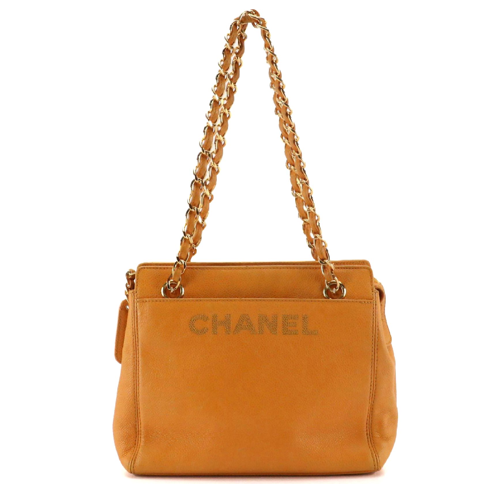 Chanel Embroidered Logo Shoulder Bag in Orange Caviar Leather