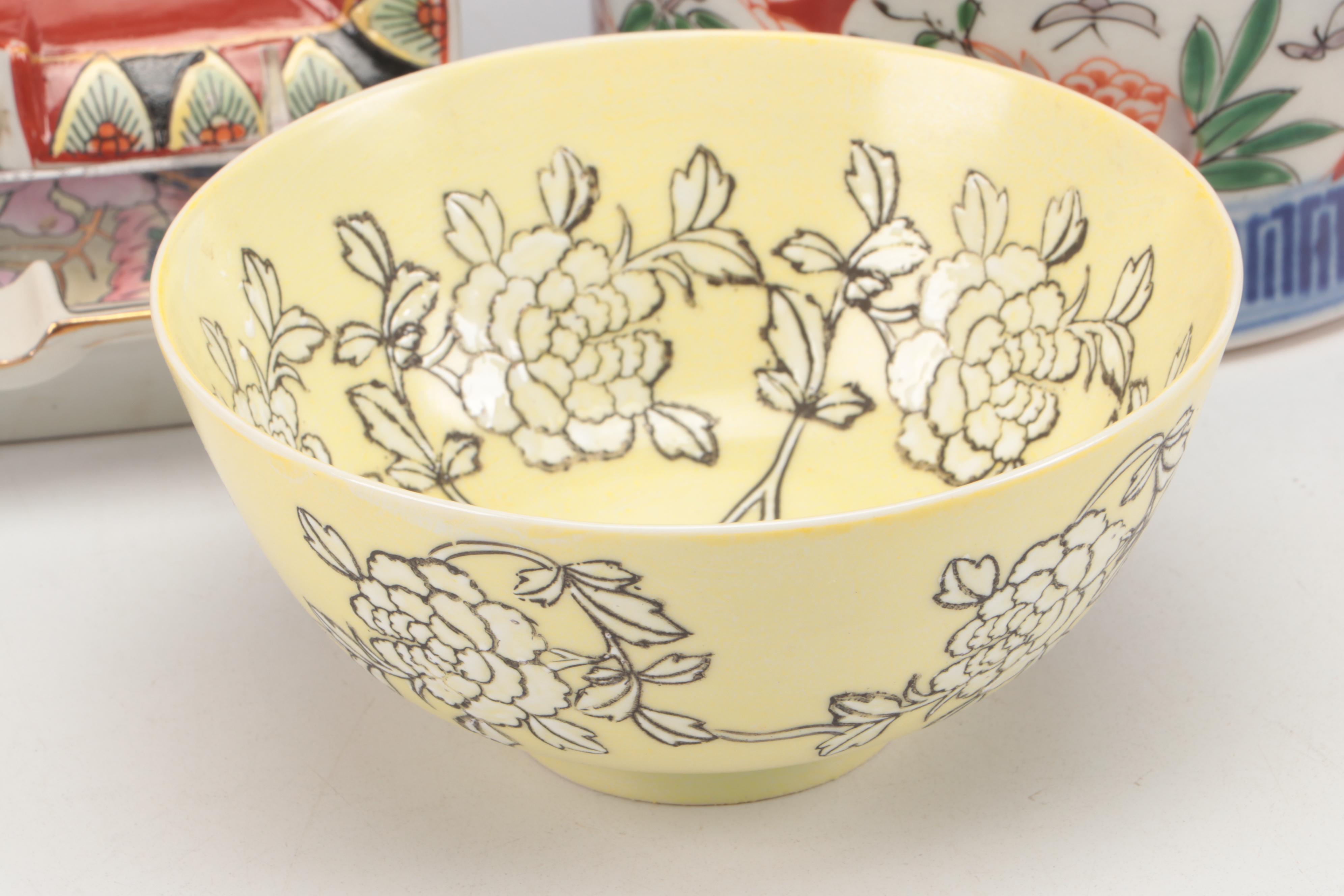 Japanese Ceramic Cherry Blossom Ginger Jar and Bowls with Other Asian Ware