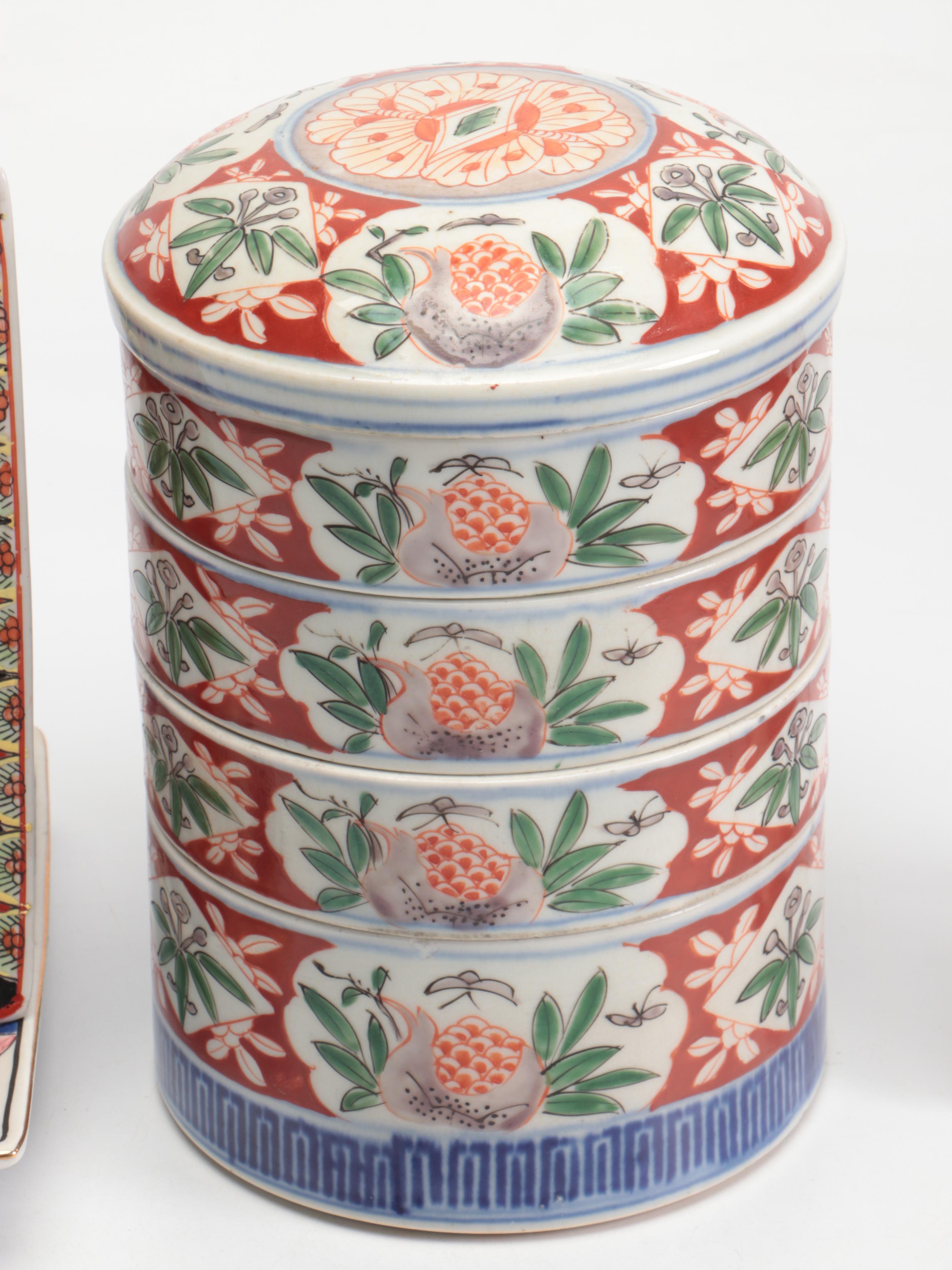 Japanese Ceramic Cherry Blossom Ginger Jar and Bowls with Other Asian Ware