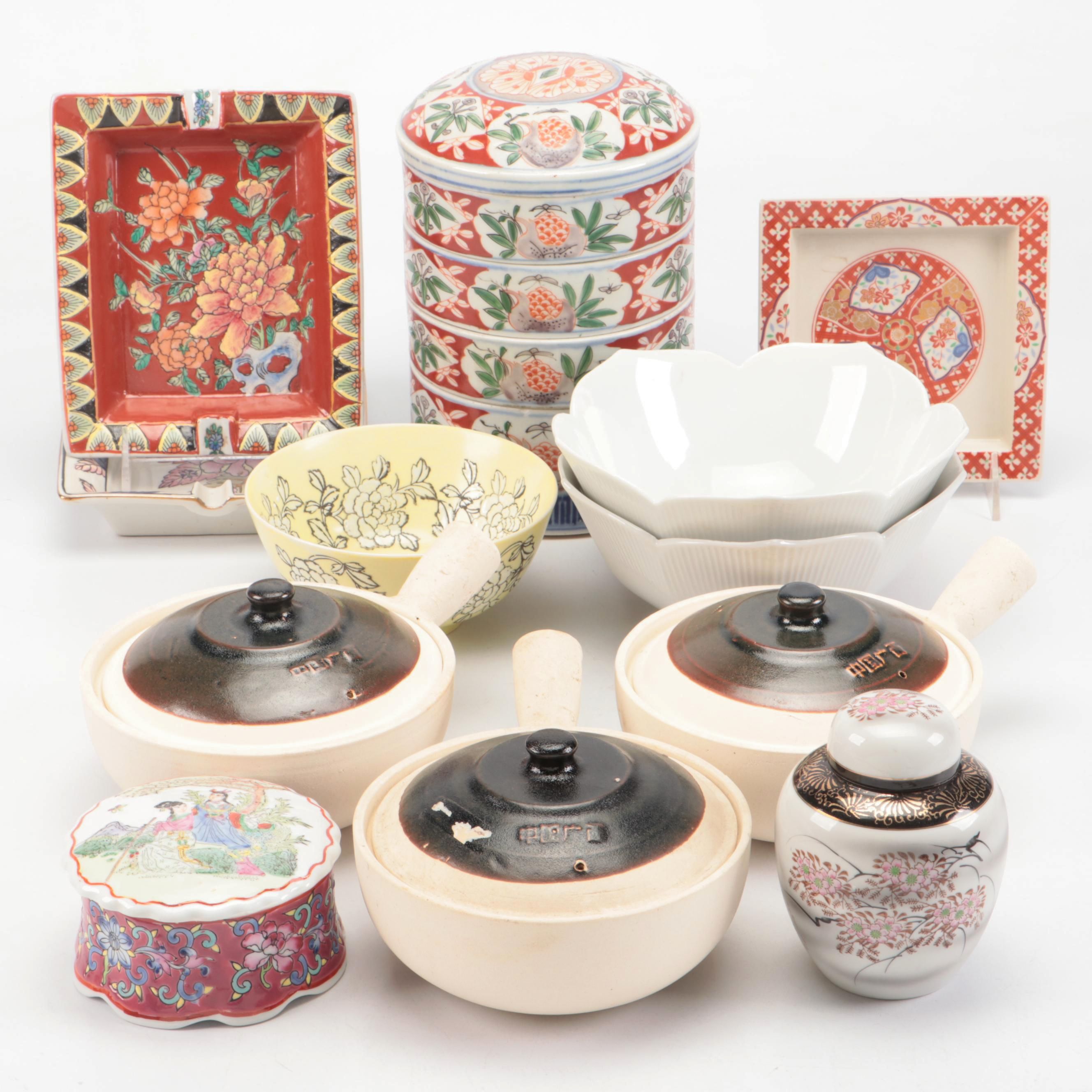 Japanese Ceramic Cherry Blossom Ginger Jar and Bowls with Other Asian Ware