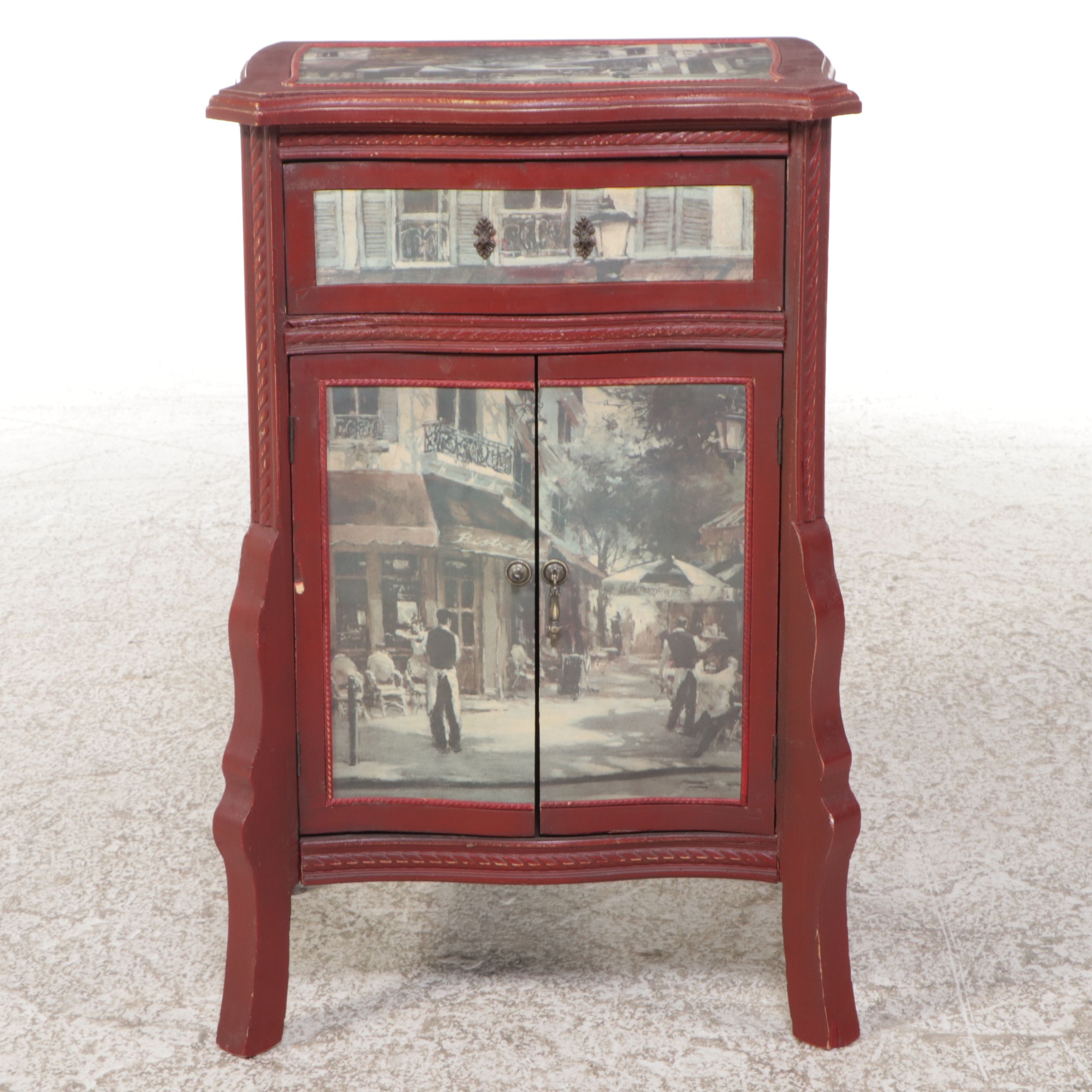 Red Painted Nightstand with City Scene Veneer