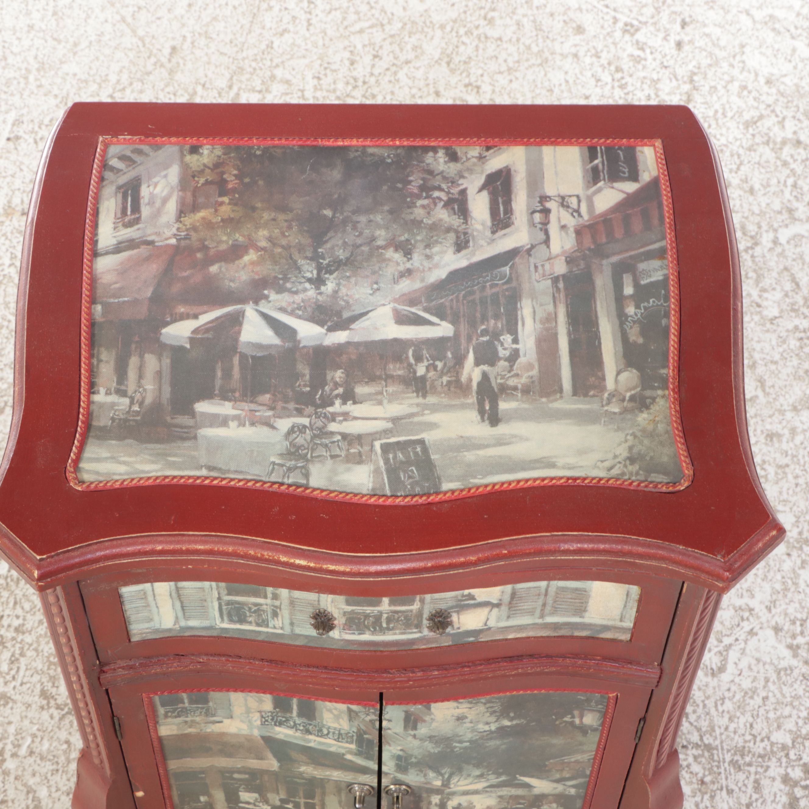 Red Painted Nightstand with City Scene Veneer