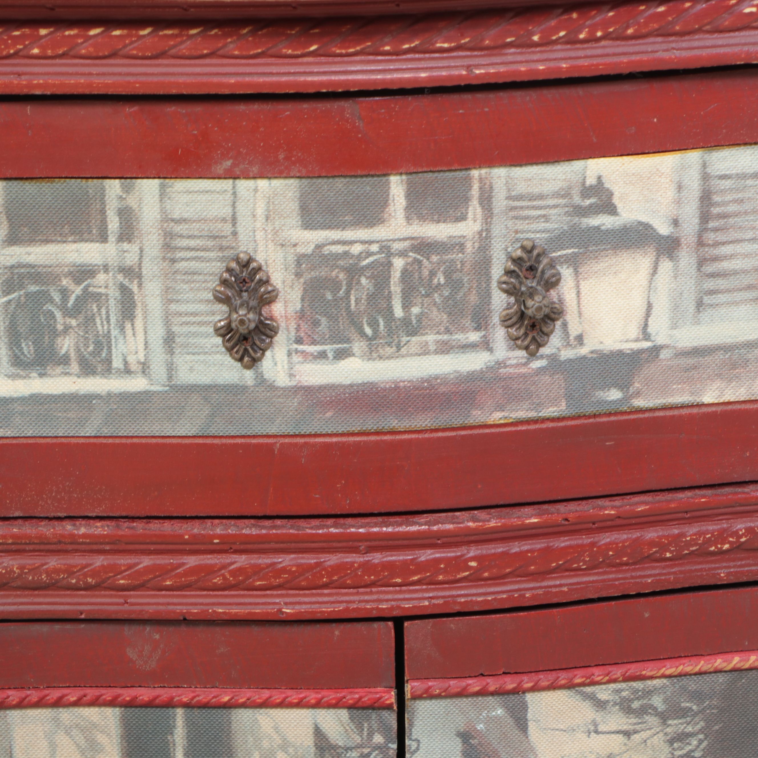 Red Painted Nightstand with City Scene Veneer