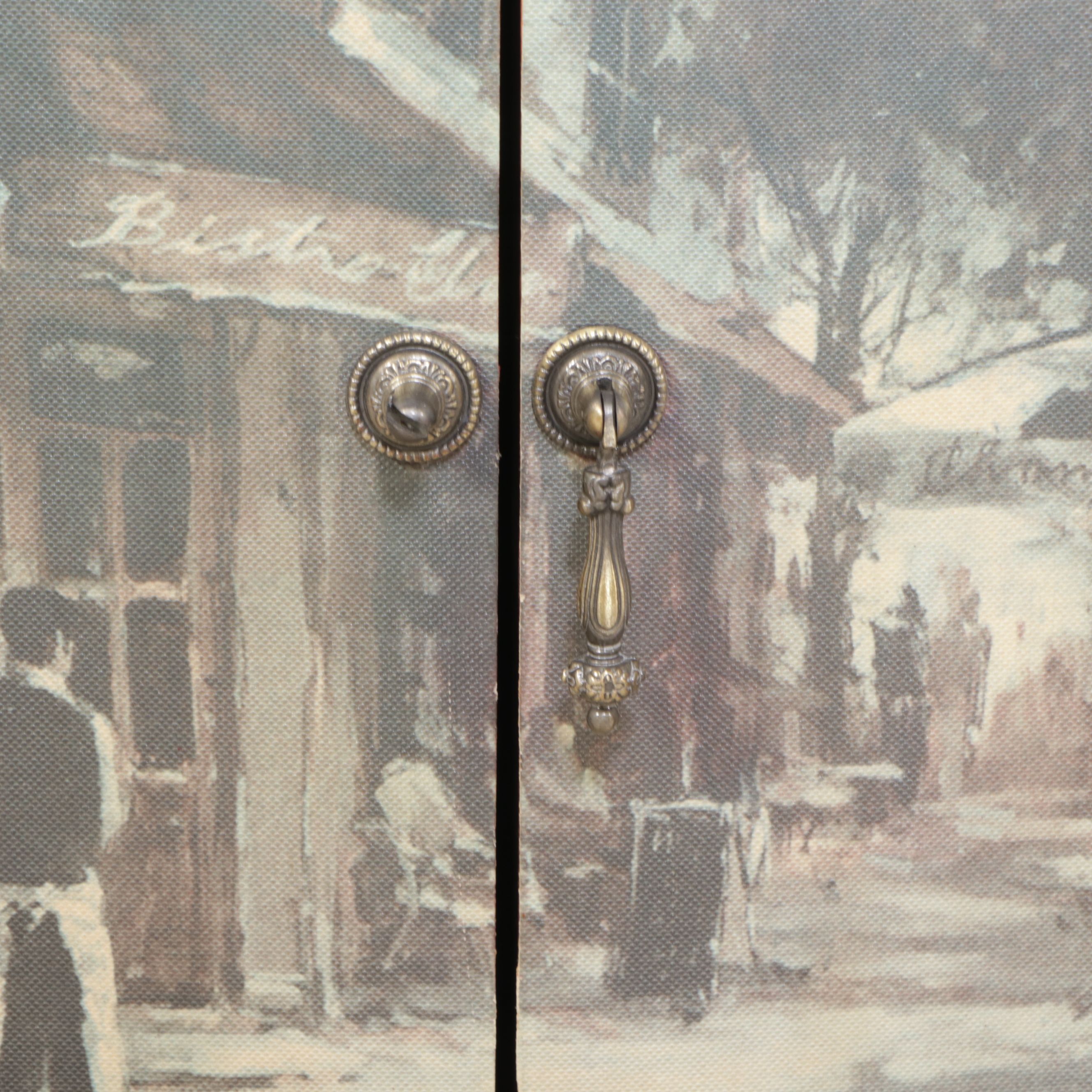 Red Painted Nightstand with City Scene Veneer