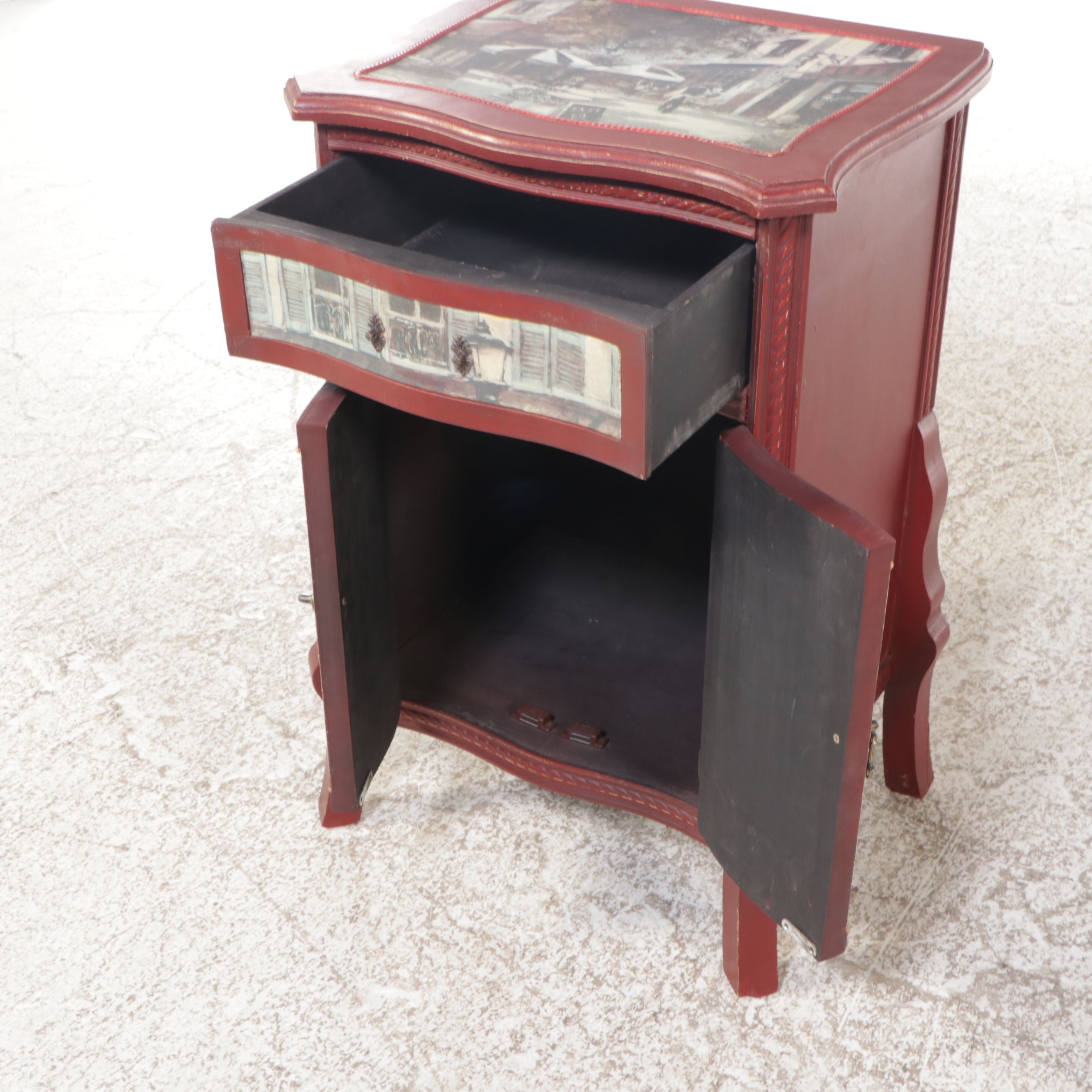 Red Painted Nightstand with City Scene Veneer