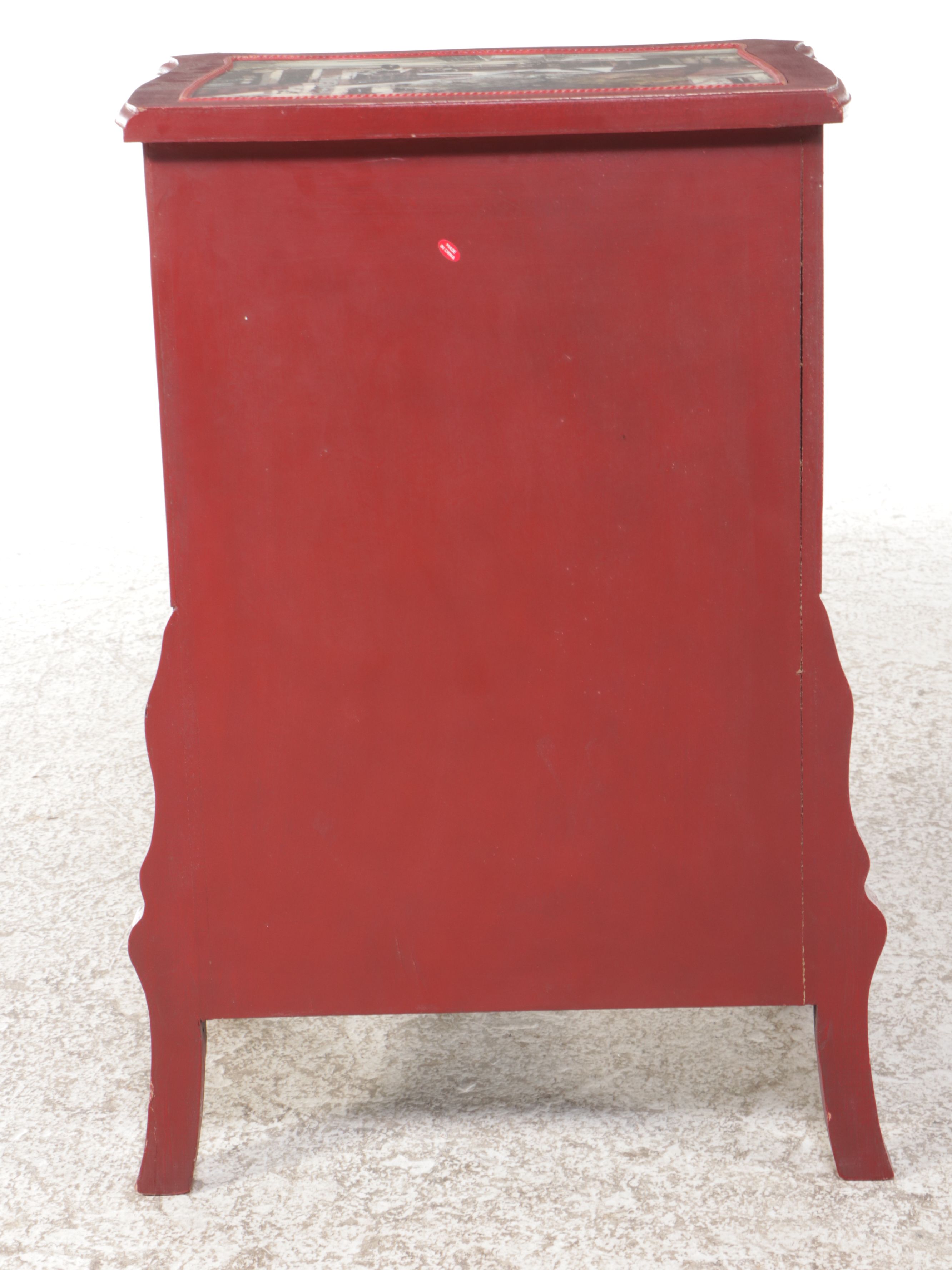 Red Painted Nightstand with City Scene Veneer