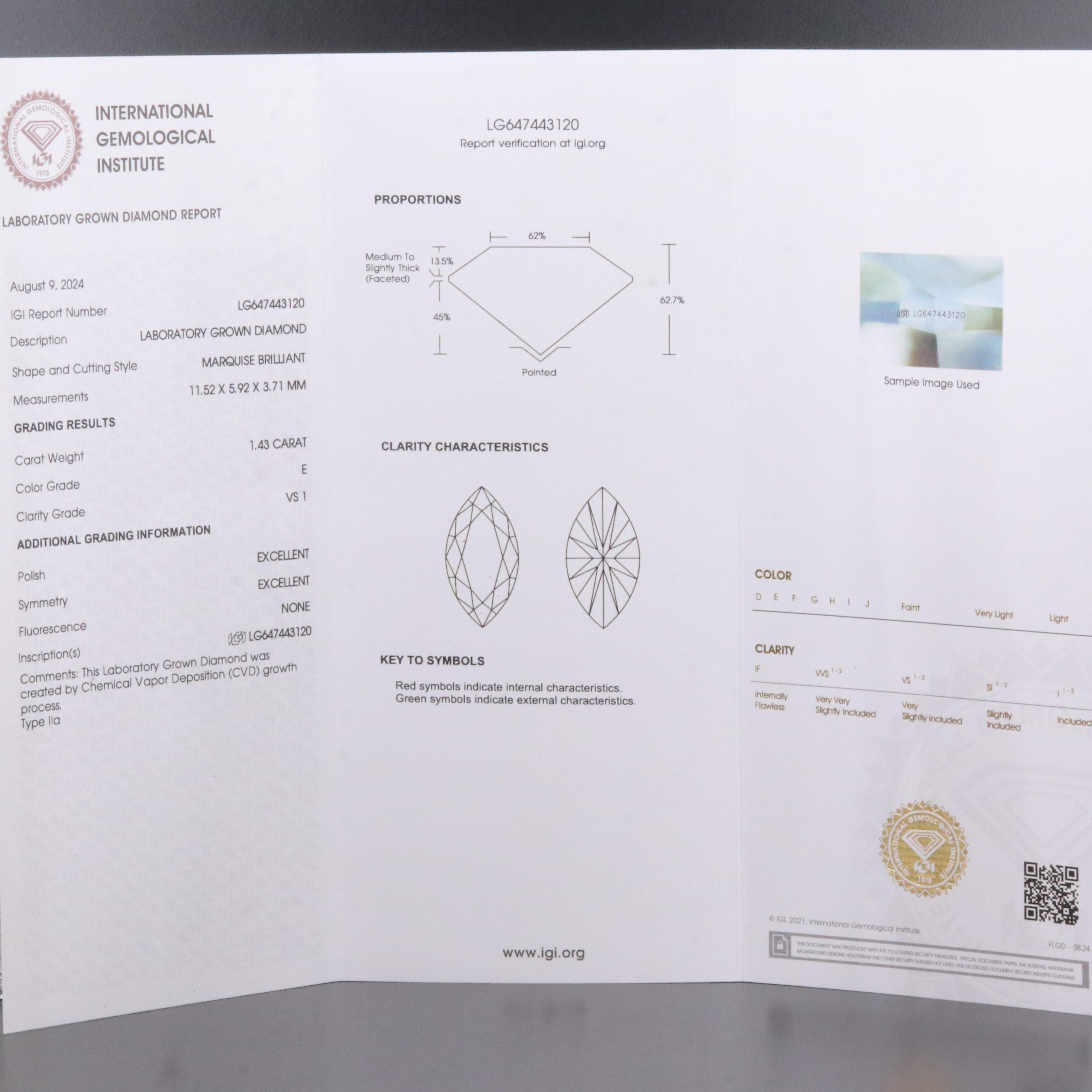 Loose 1.43 CT Lab Grown Diamond with IGI Report
