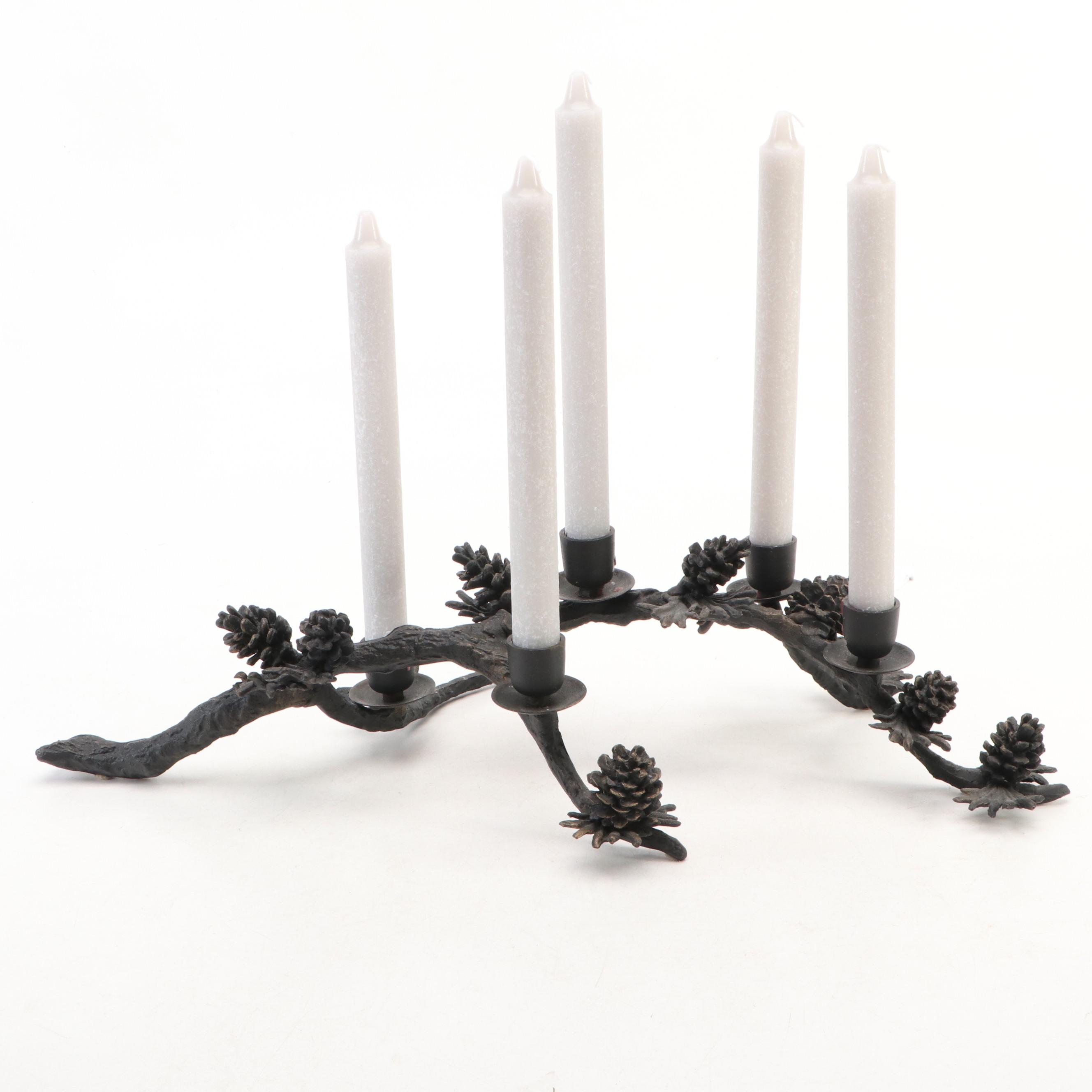 Contemporary Cast Metal Pine Cone Form Candle Holders with Candles