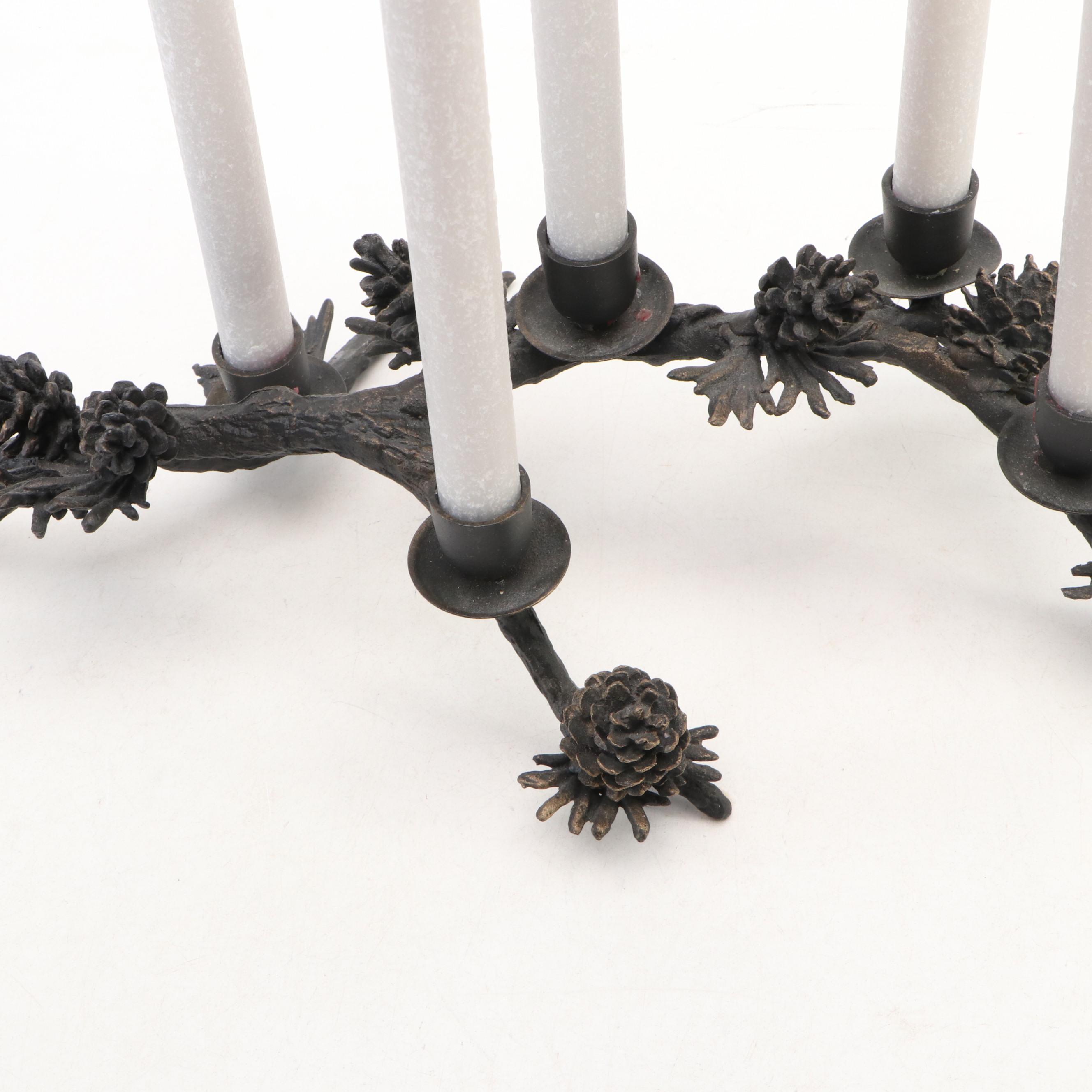 Contemporary Cast Metal Pine Cone Form Candle Holders with Candles