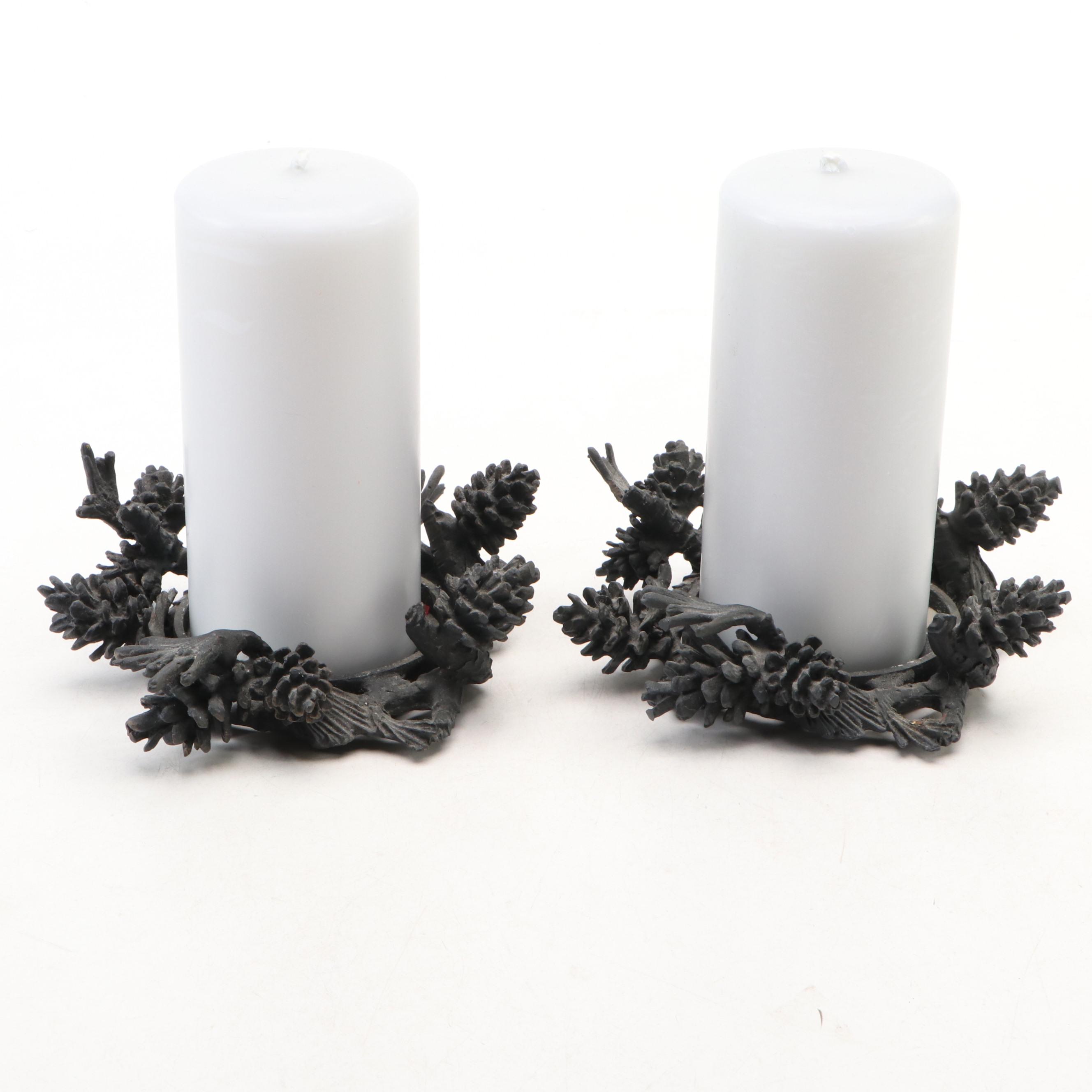 Contemporary Cast Metal Pine Cone Form Candle Holders with Candles