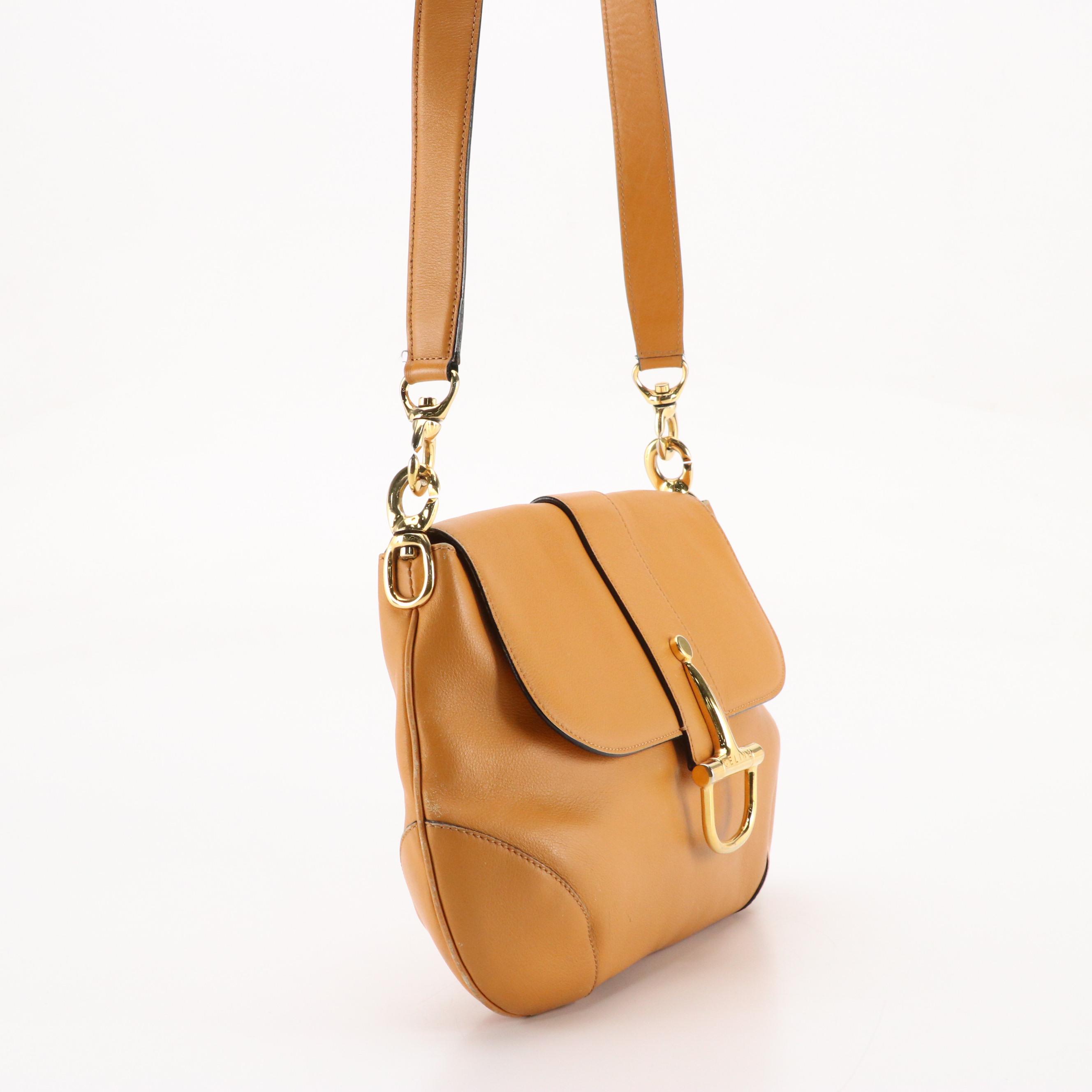 Celine Front Flap Demilune Shoulder Bag in Tan Leather