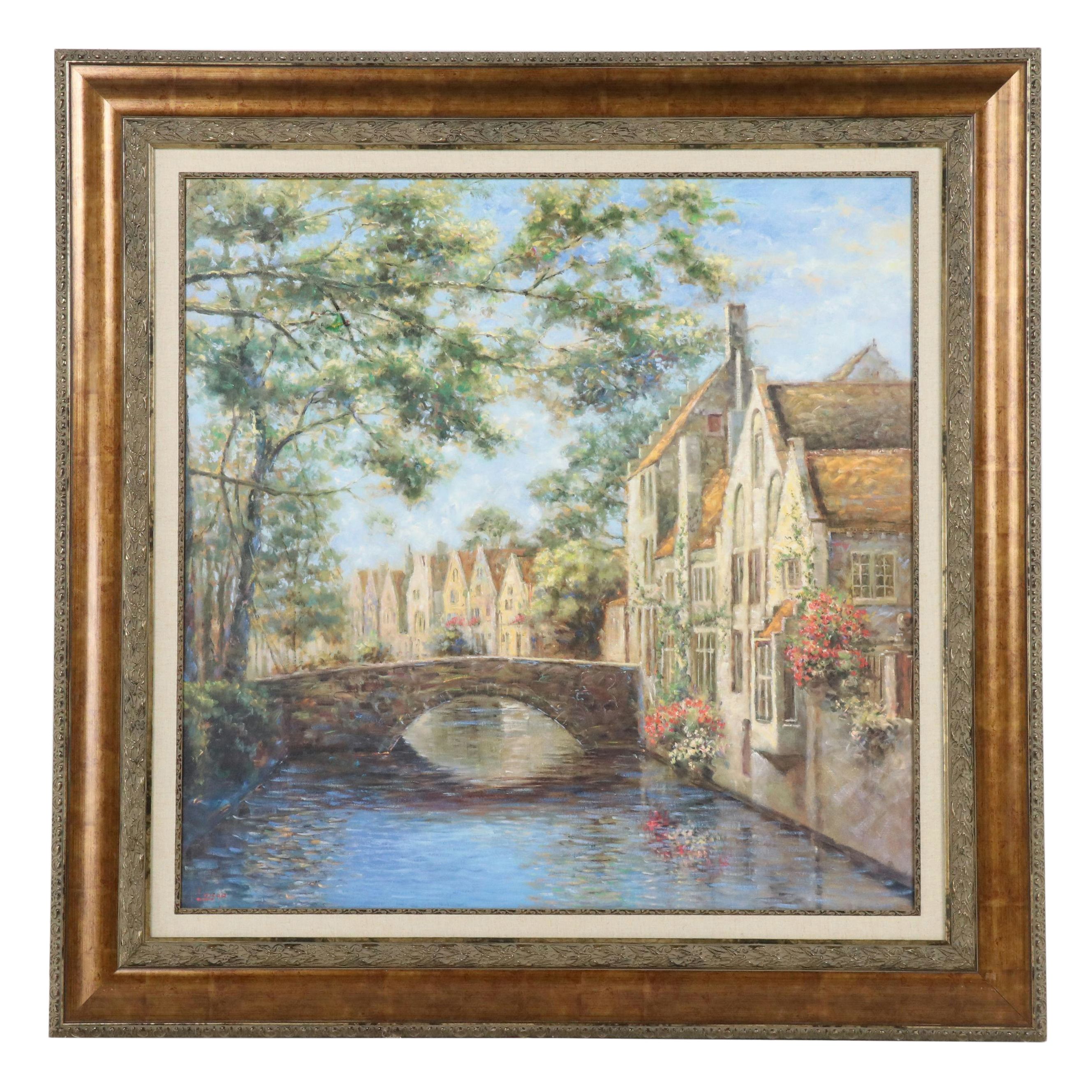 Embellished Offset Lithograph "Canal Reflections"