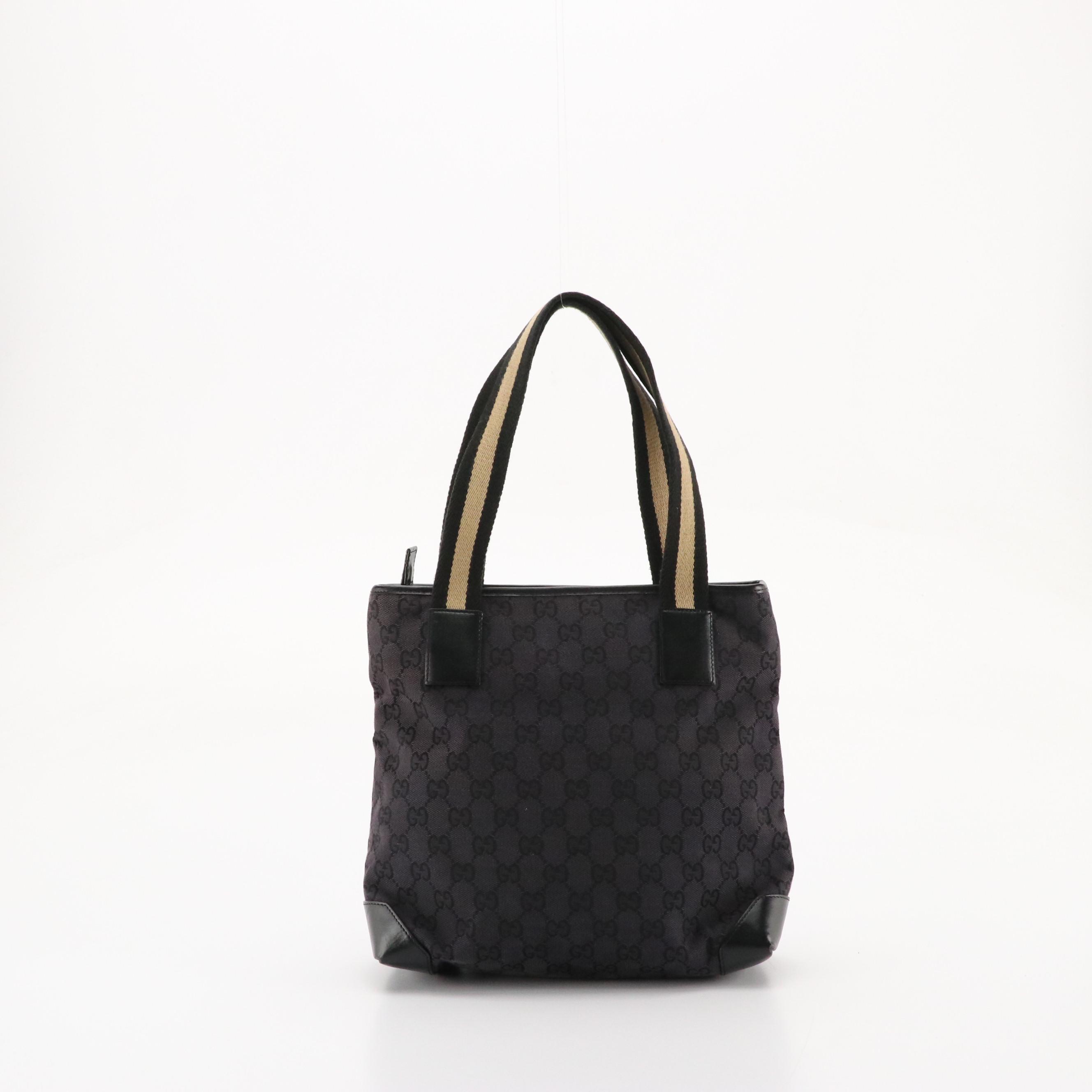 Gucci Web Strap Shoulder Bag in Black GG Canvas and Leather