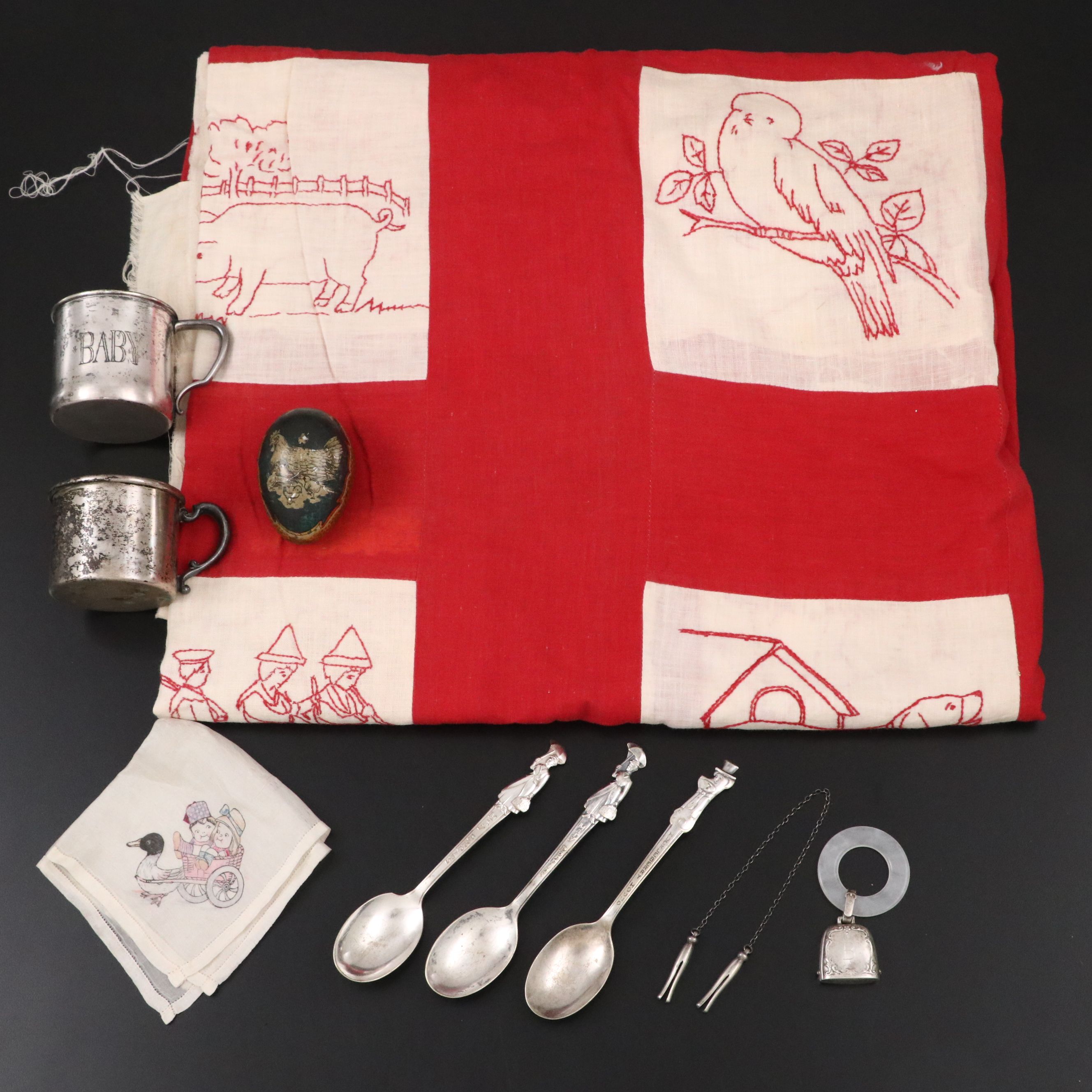 Sterling Rattle and Pins with Silver Plate Cups and Other Baby Keepsakes