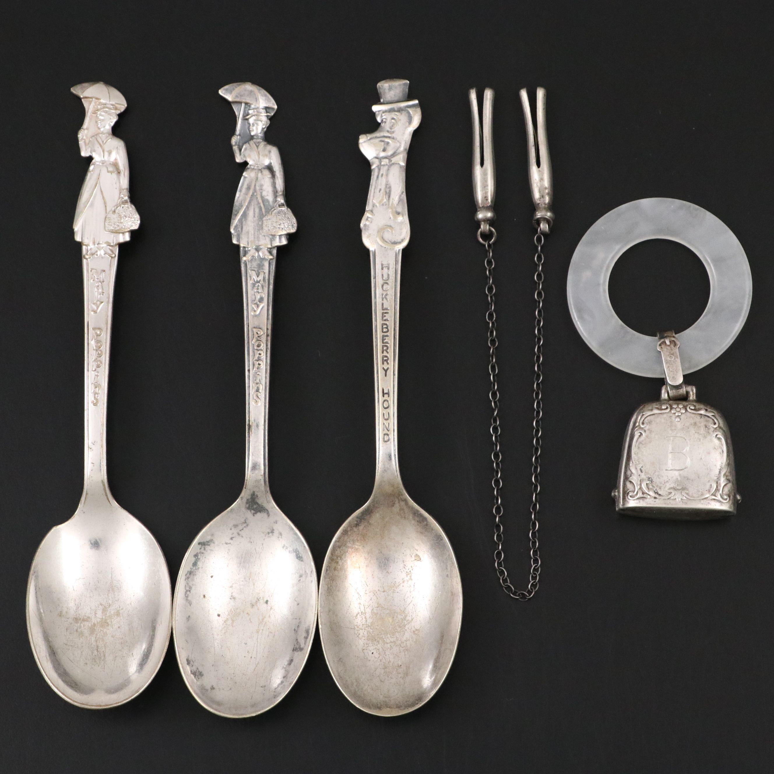 Sterling Rattle and Pins with Silver Plate Cups and Other Baby Keepsakes