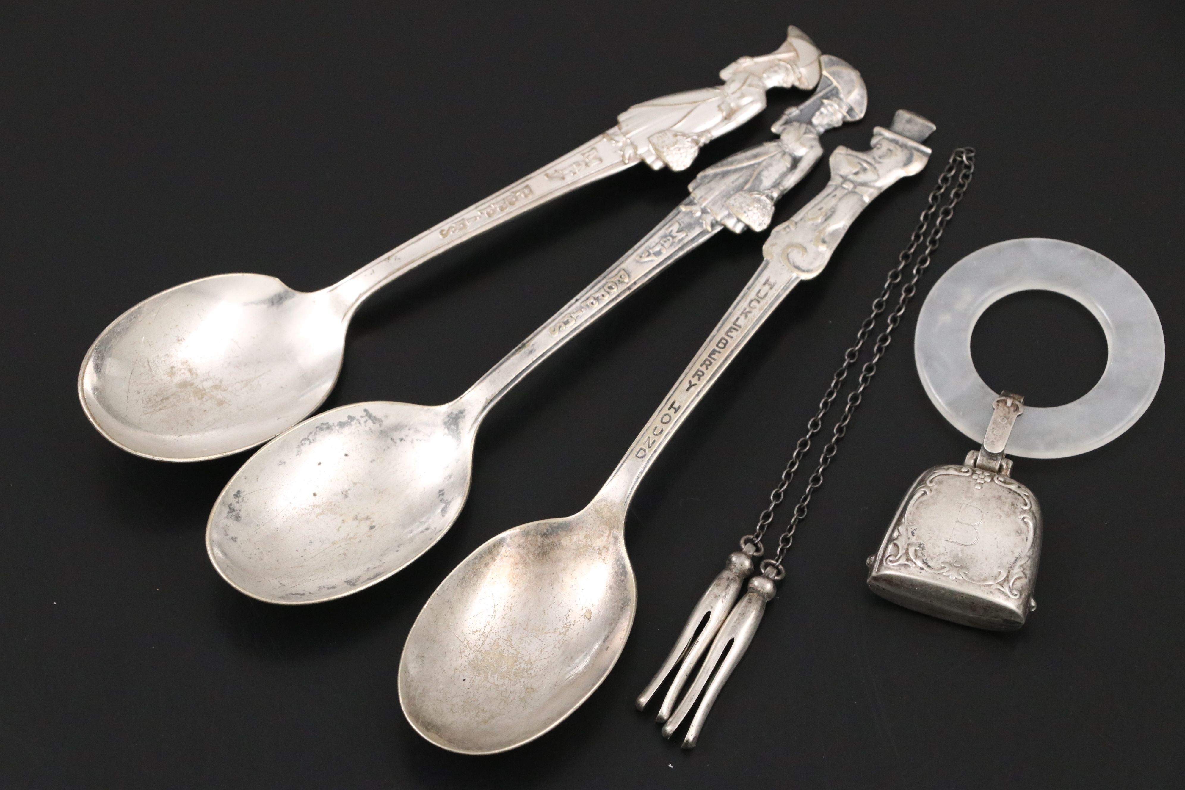 Sterling Rattle and Pins with Silver Plate Cups and Other Baby Keepsakes