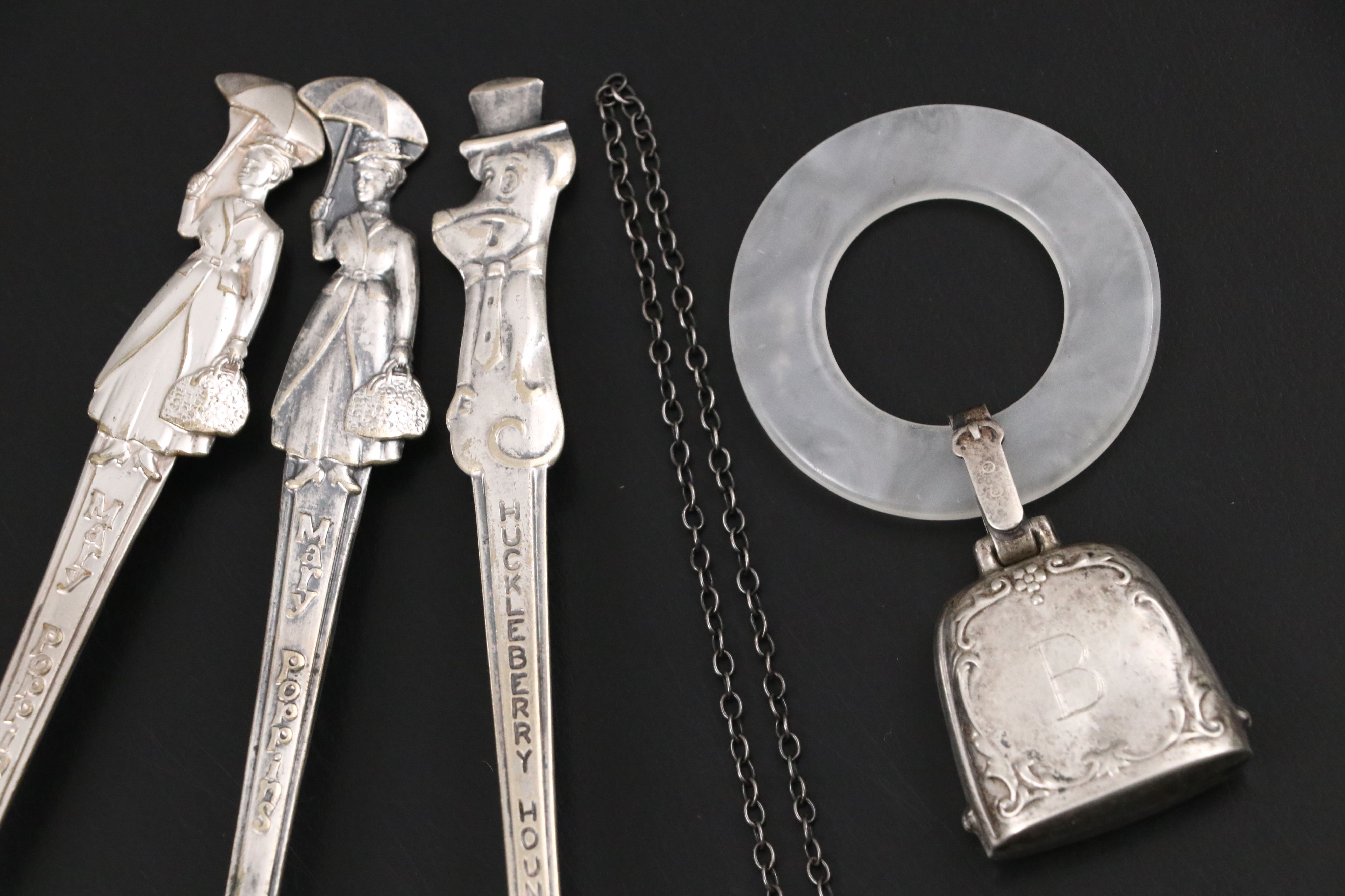 Sterling Rattle and Pins with Silver Plate Cups and Other Baby Keepsakes