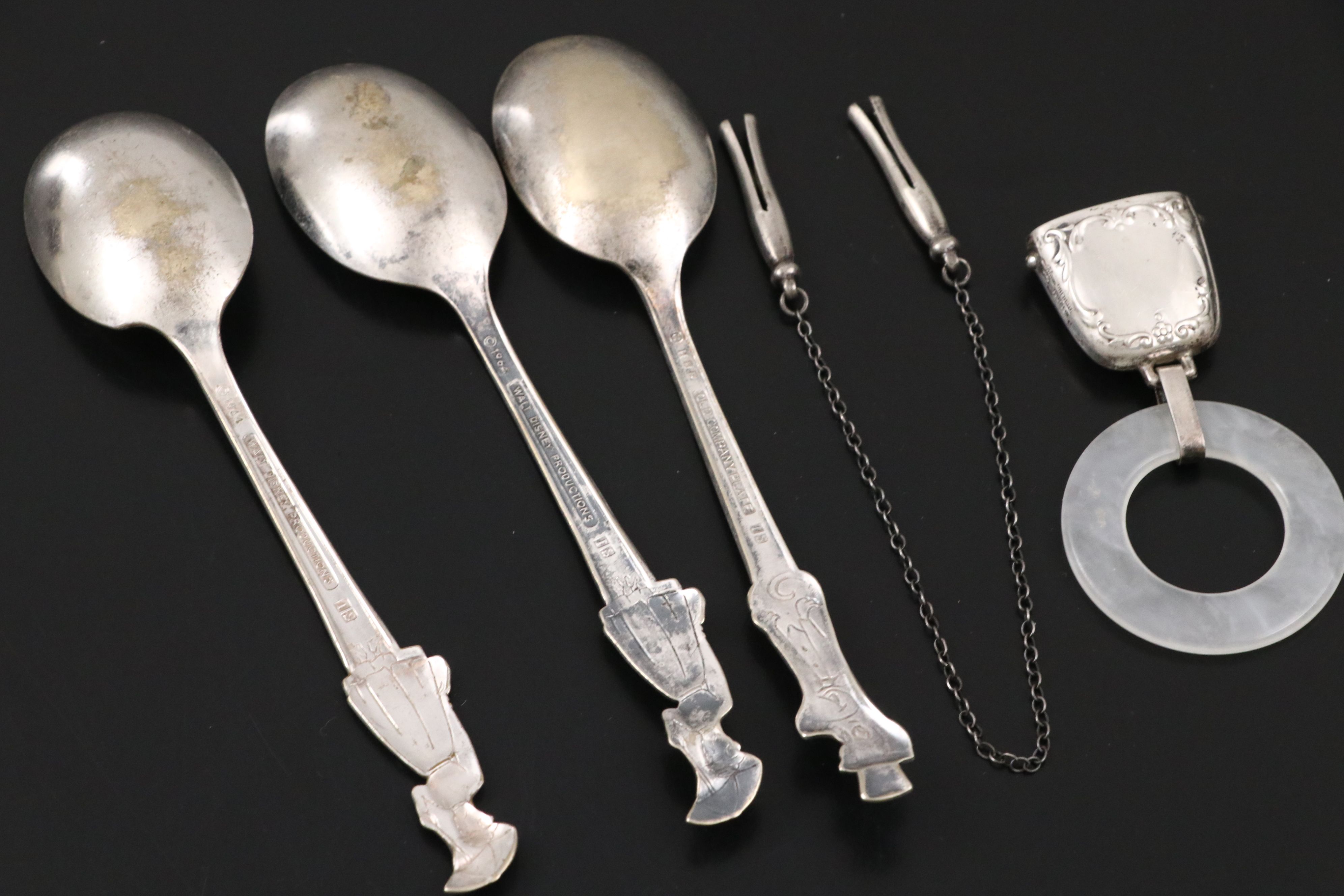 Sterling Rattle and Pins with Silver Plate Cups and Other Baby Keepsakes