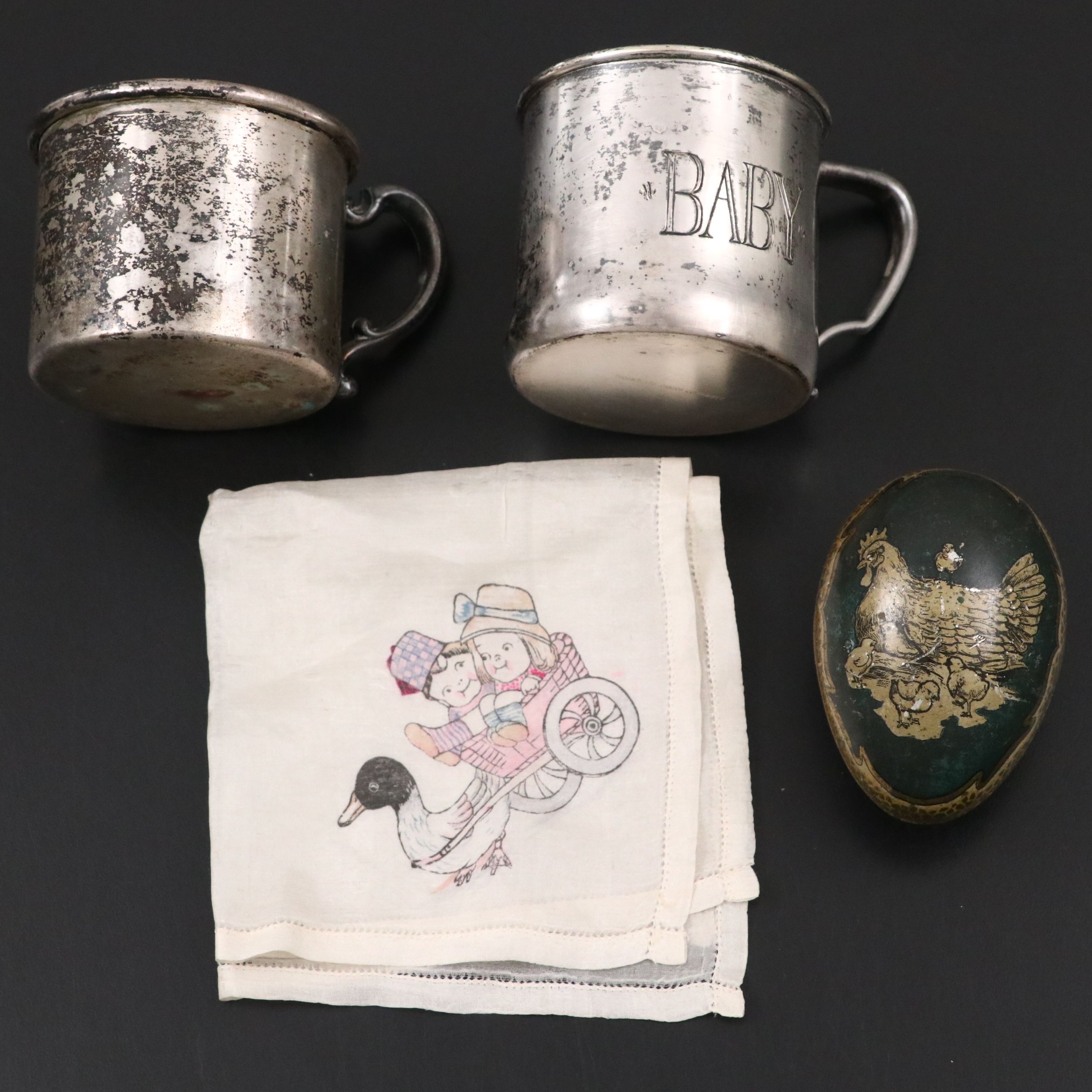 Sterling Rattle and Pins with Silver Plate Cups and Other Baby Keepsakes