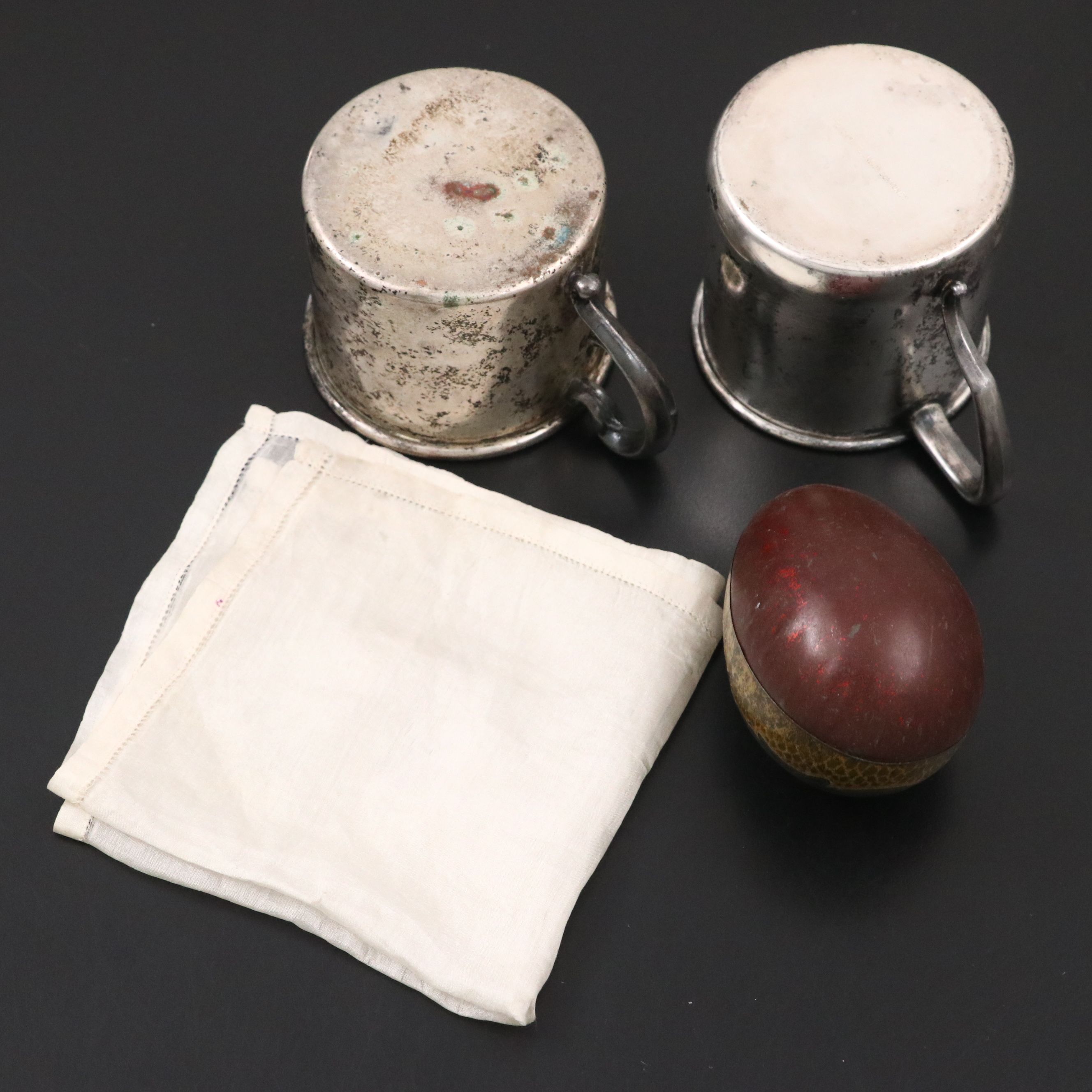 Sterling Rattle and Pins with Silver Plate Cups and Other Baby Keepsakes