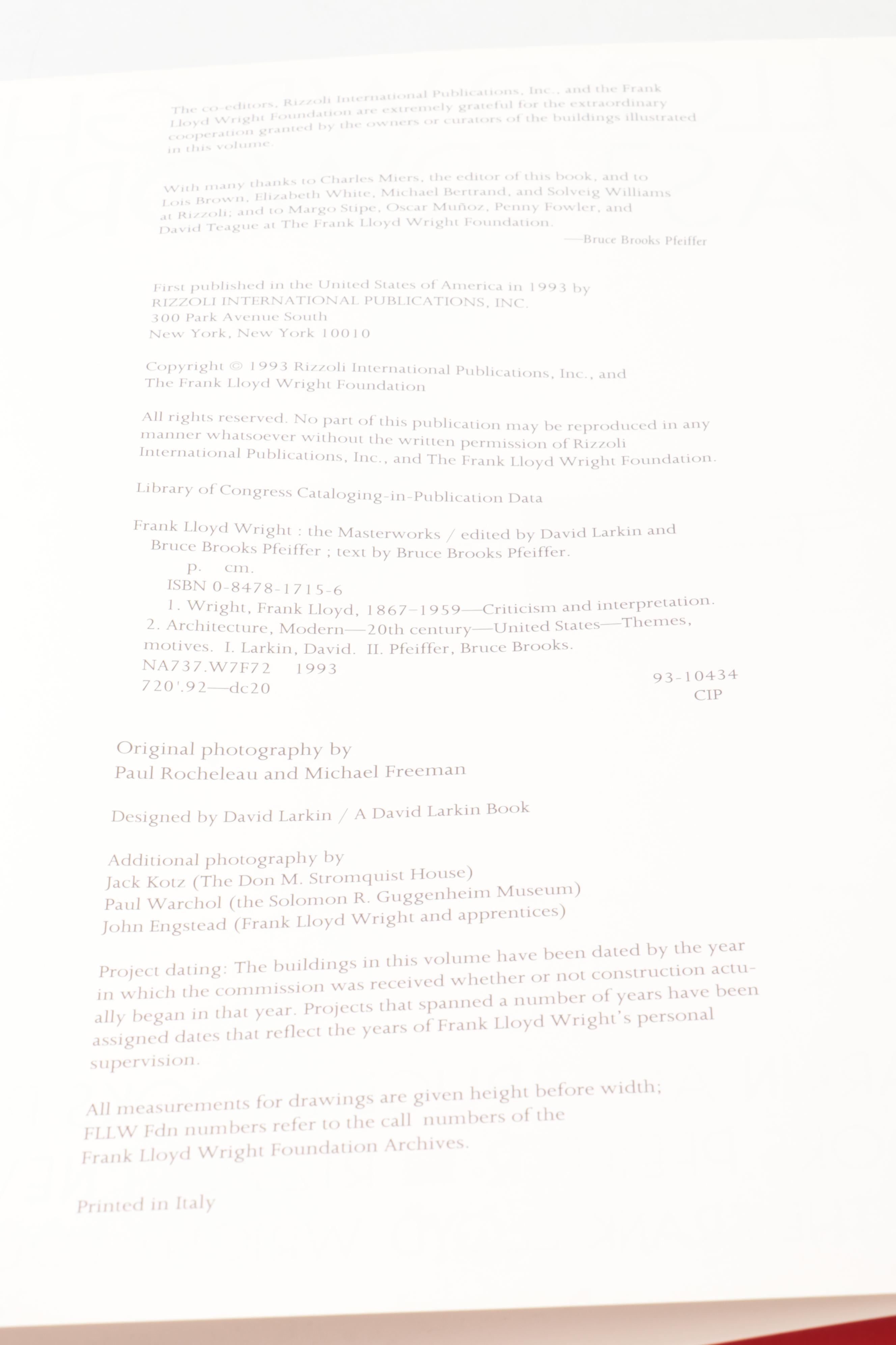 First Edition "Frank Lloyd Wright: The Masterworks" Edited by David Larkin, 1993