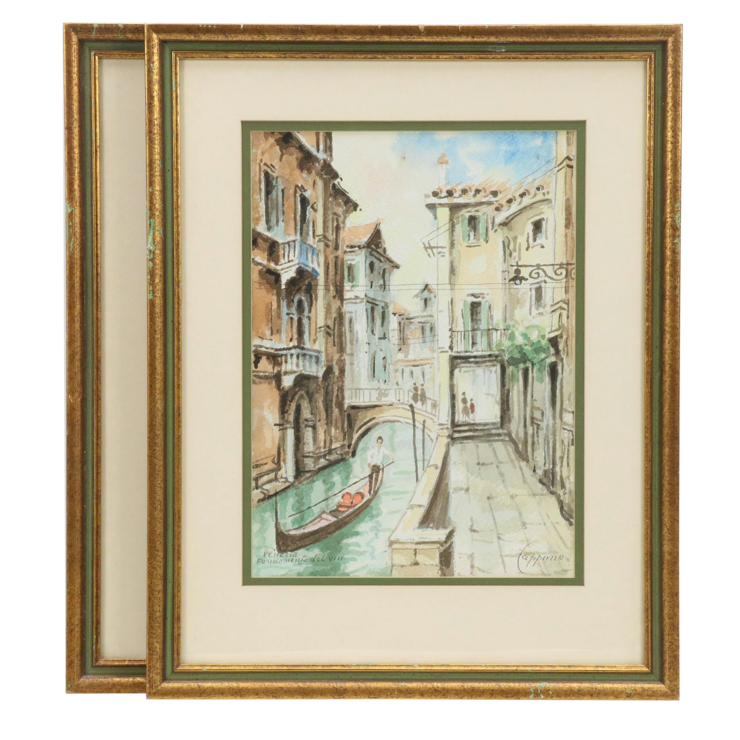 Cappuzzo Watercolor Paintings of Venetian Canals, Late 20th/Early 21st Century