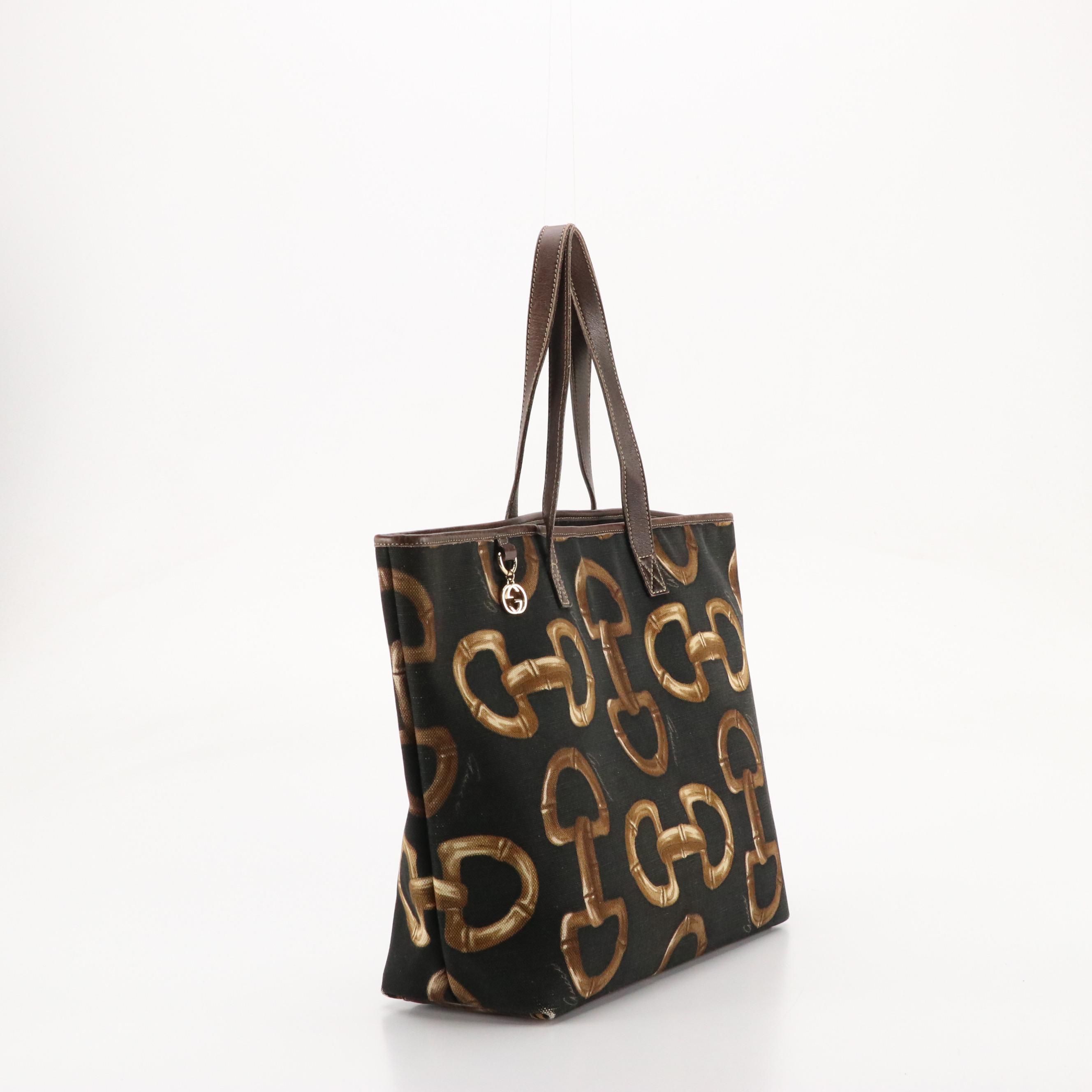 Gucci Large Bamboo Horsebit Print Tote in Canvas and Brown Leather Trim
