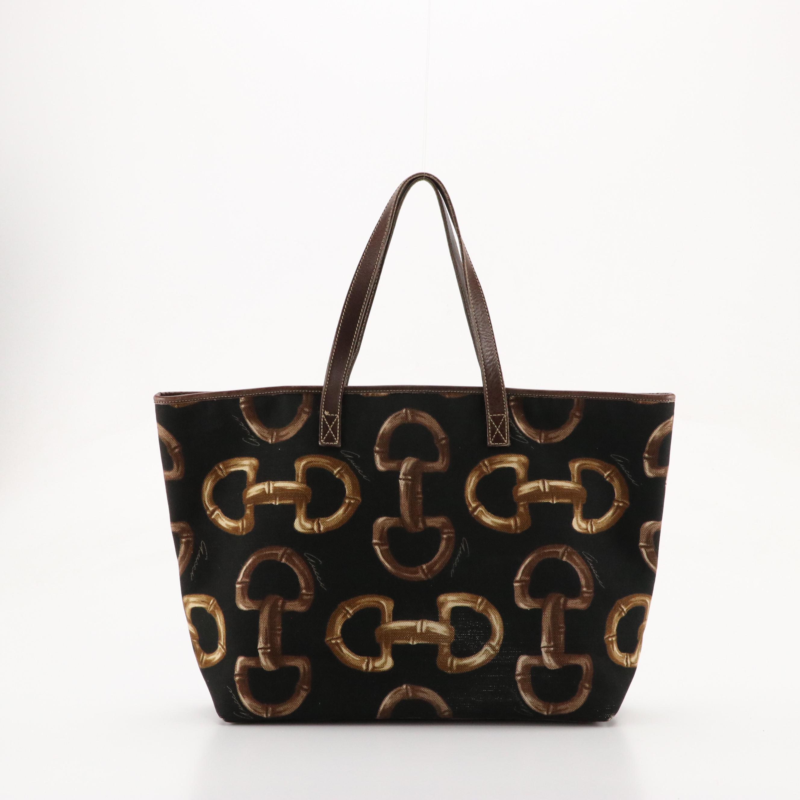 Gucci Large Bamboo Horsebit Print Tote in Canvas and Brown Leather Trim
