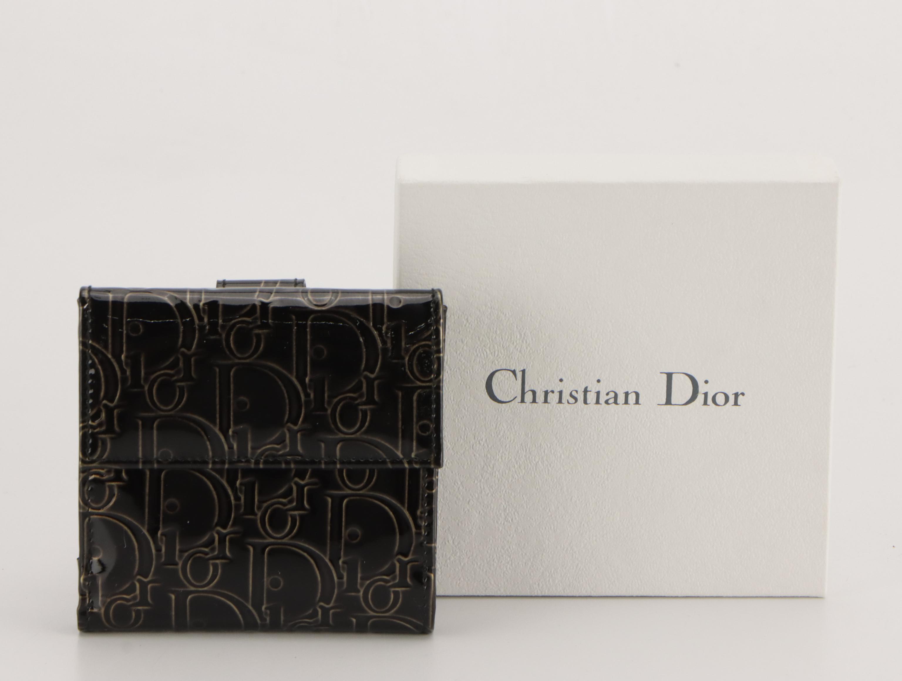 Christian Dior Compact Wallet in Dior Oblique Embossed Patent Leather with Box