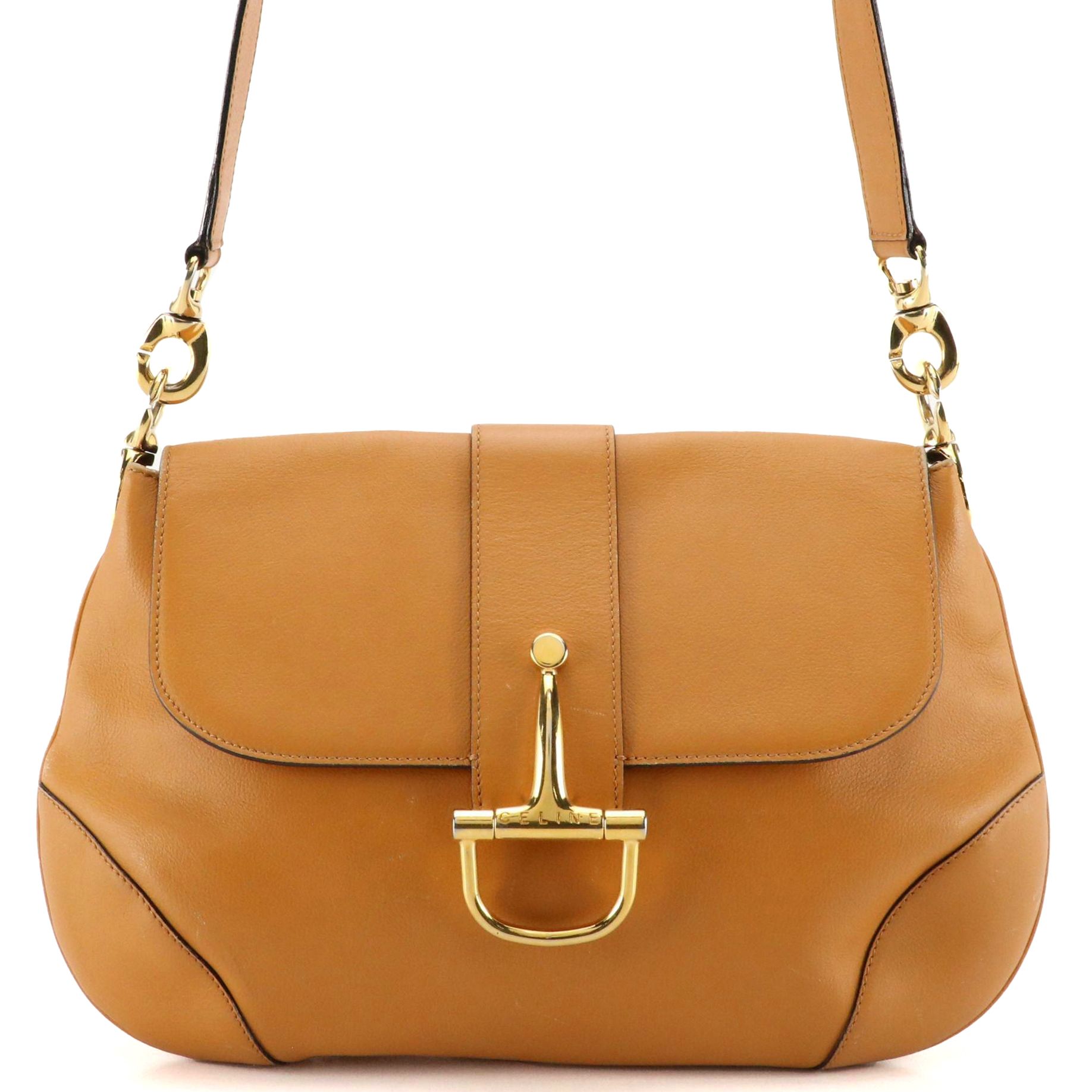 Celine Front Flap Demilune Shoulder Bag in Tan Leather