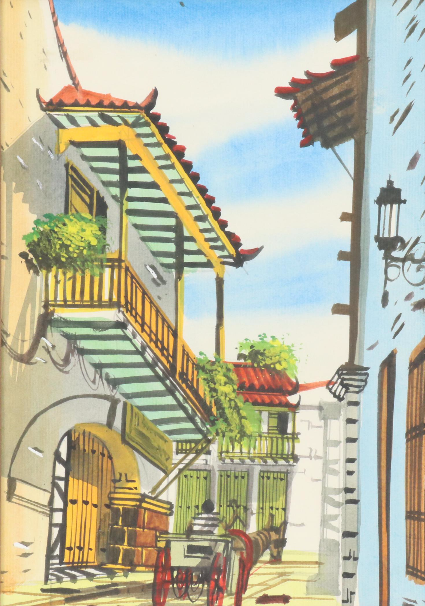 Gouache Painting of East Asian Style Street Scene, 21st Century