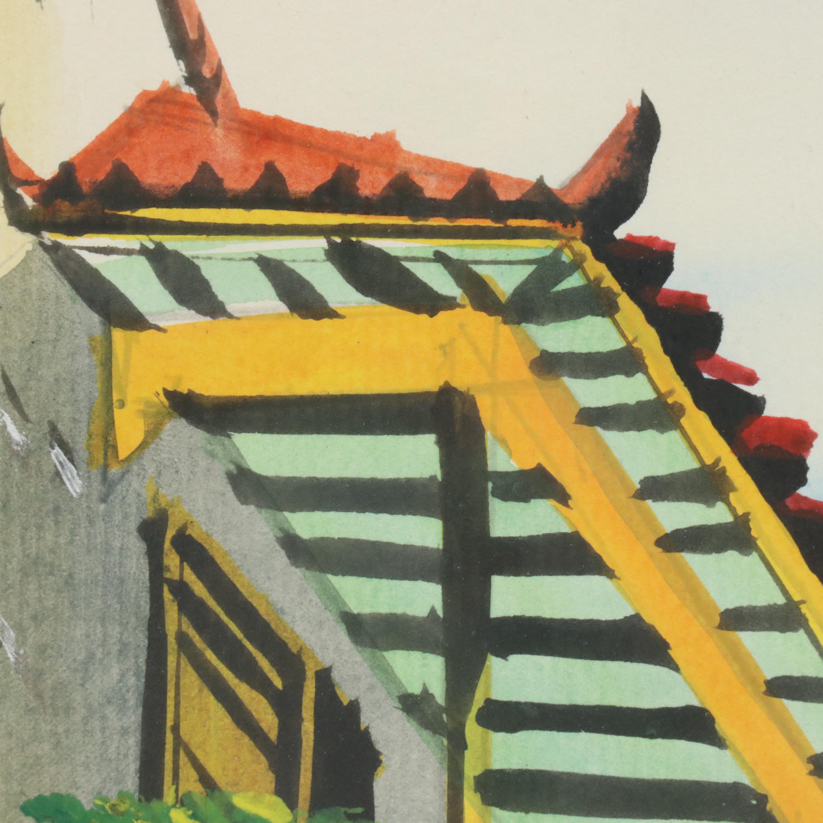 Gouache Painting of East Asian Style Street Scene, 21st Century