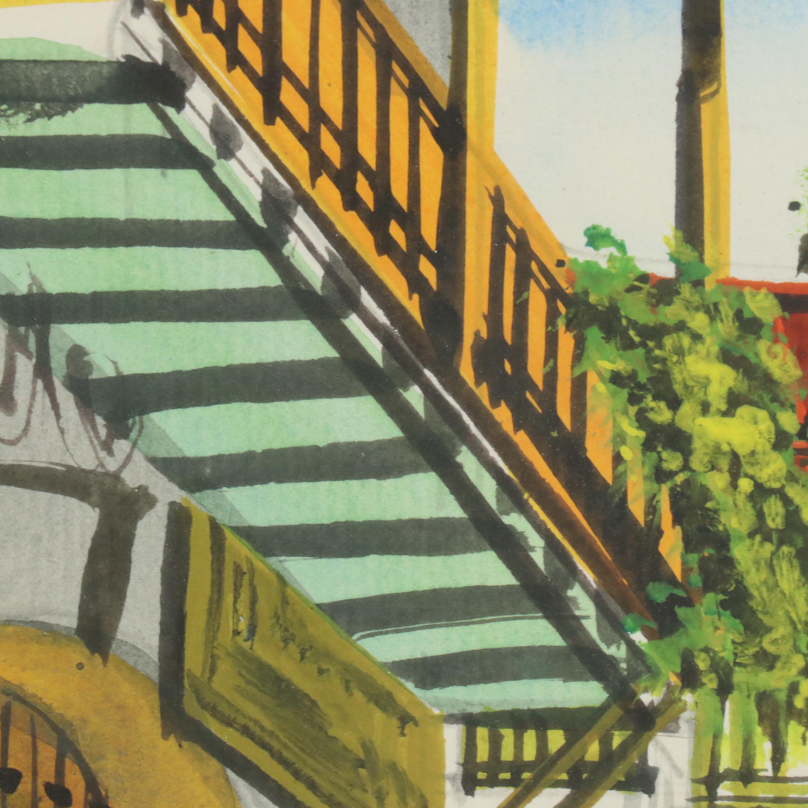 Gouache Painting of East Asian Style Street Scene, 21st Century