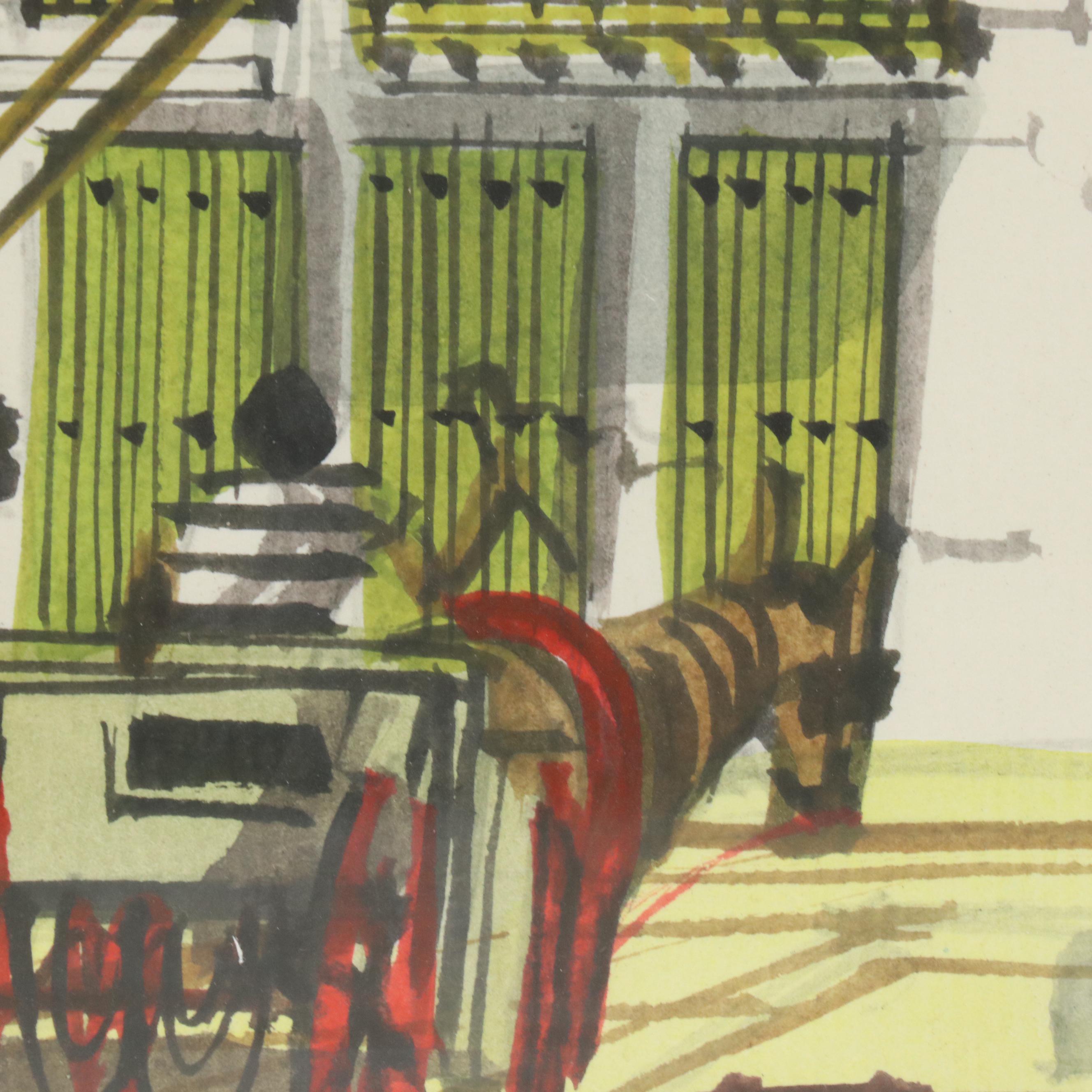 Gouache Painting of East Asian Style Street Scene, 21st Century