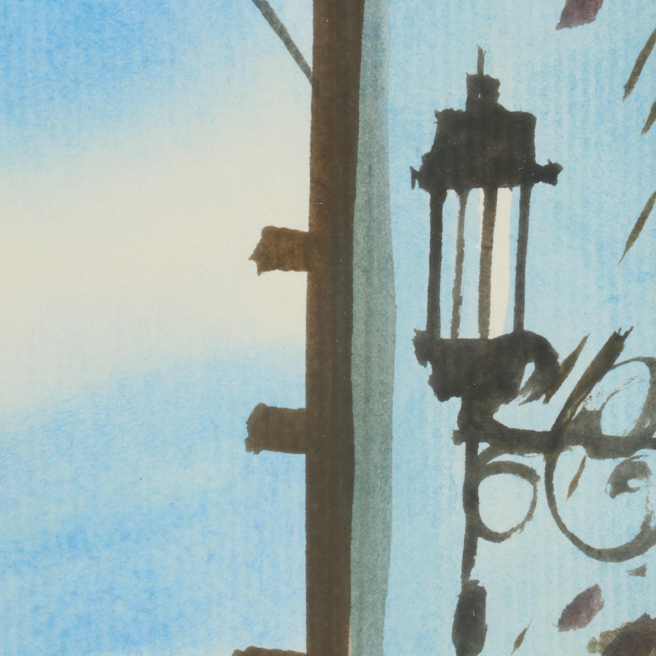 Gouache Painting of East Asian Style Street Scene, 21st Century