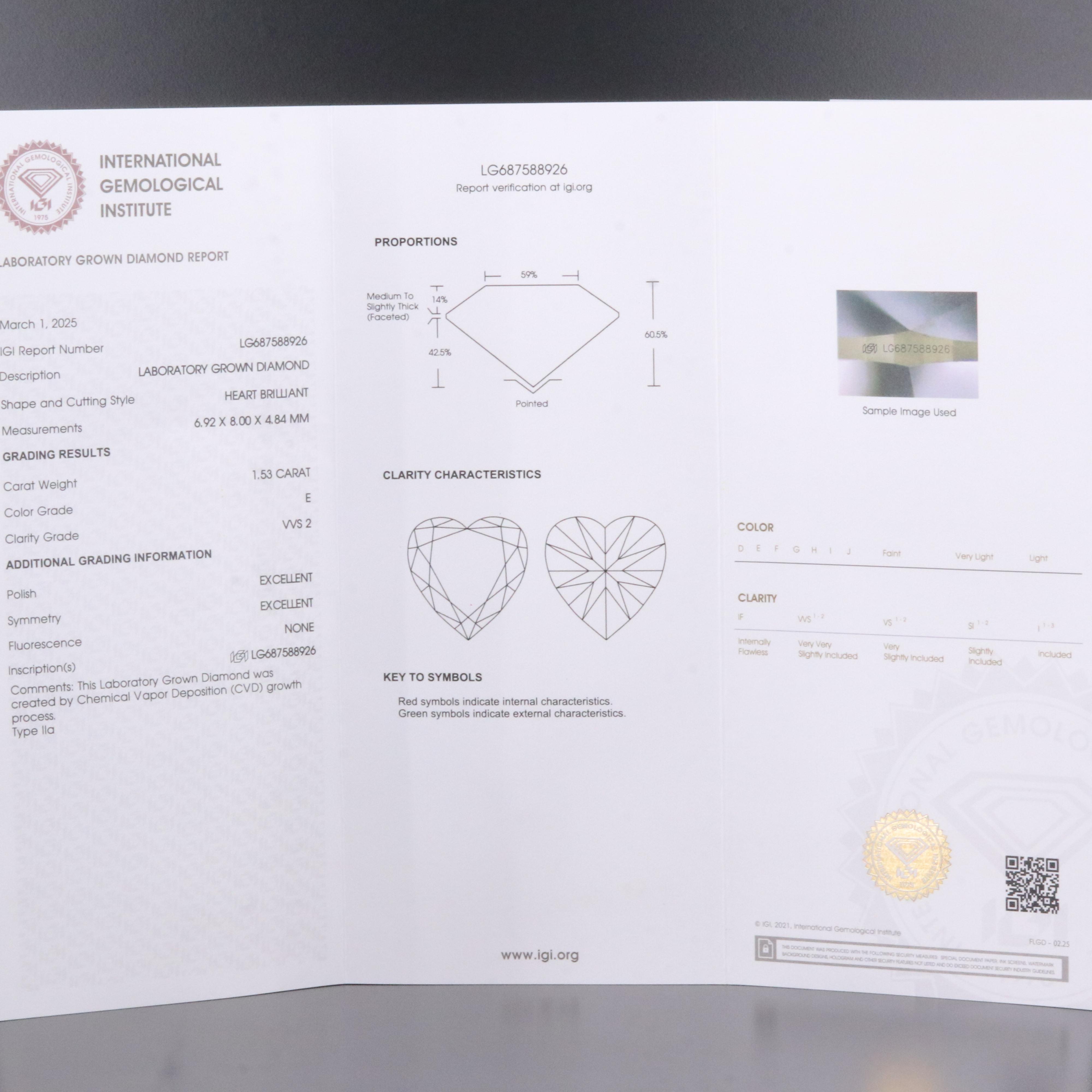 Loose 1.53 CT Lab Grown Diamond with IGI Reports