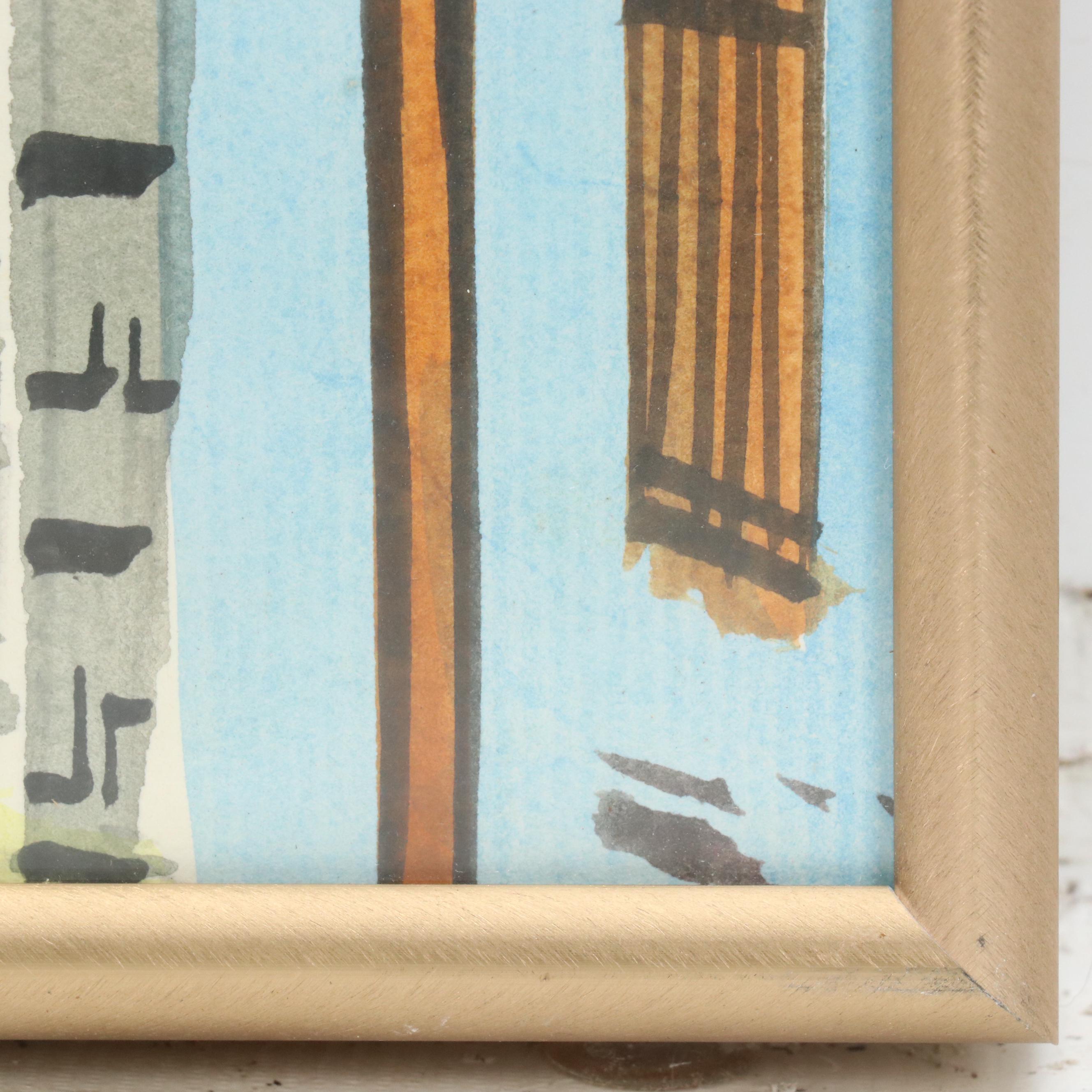 Gouache Painting of East Asian Style Street Scene, 21st Century