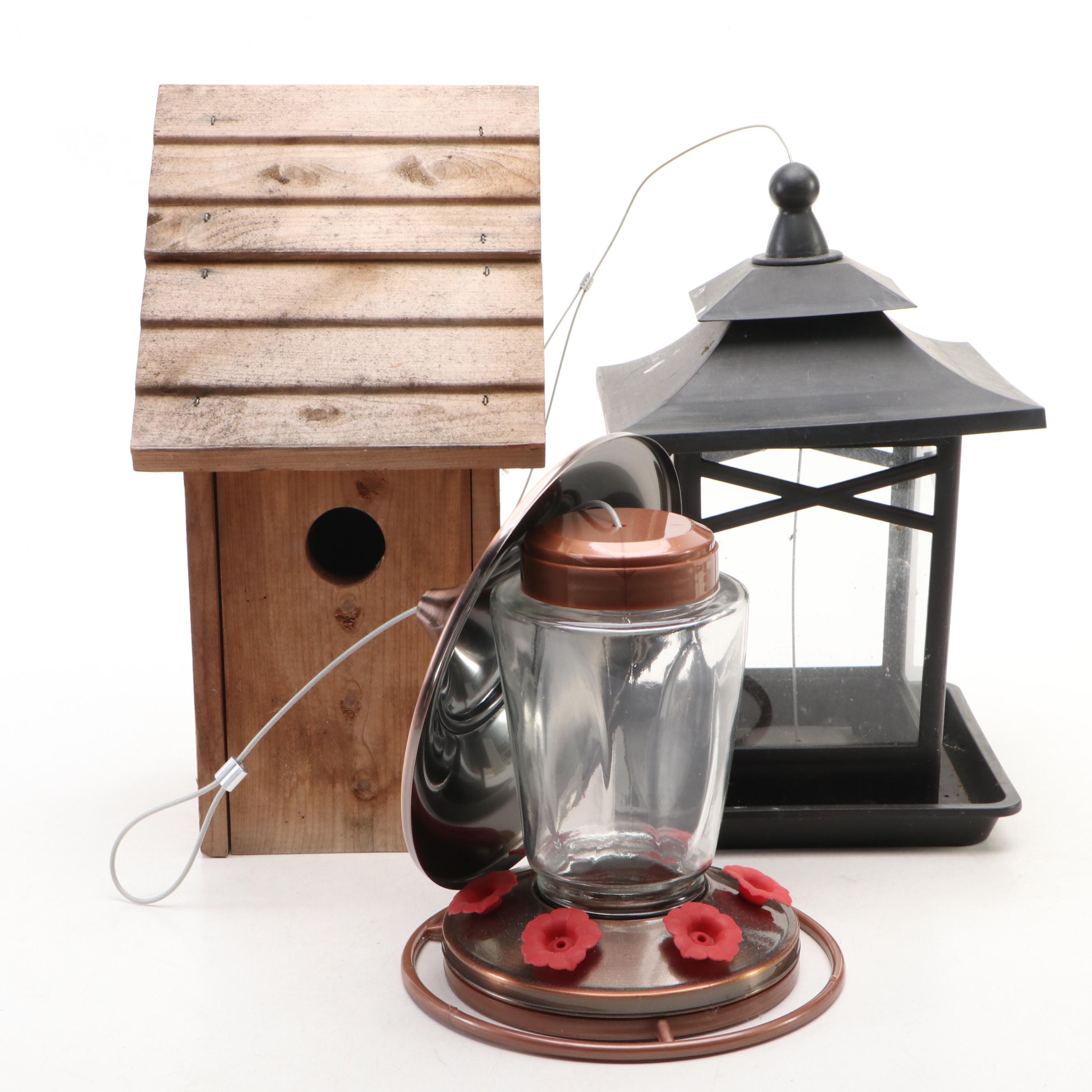 Wood Birdhouse with Hummingbird and Other Bird Feeder