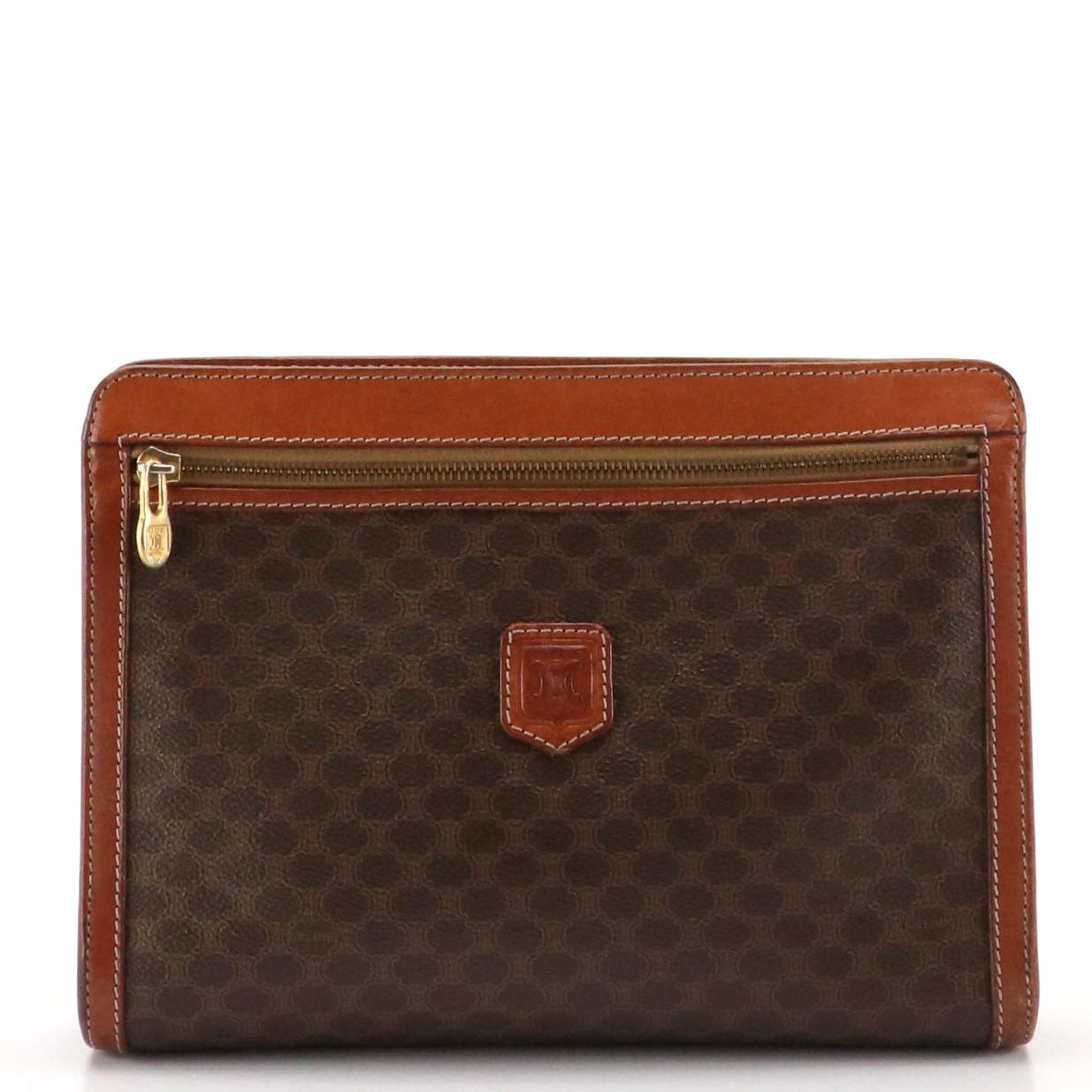 Celine Vintage Zippered Clutch Bag in Macadam Coated Canvas and Leather Trim