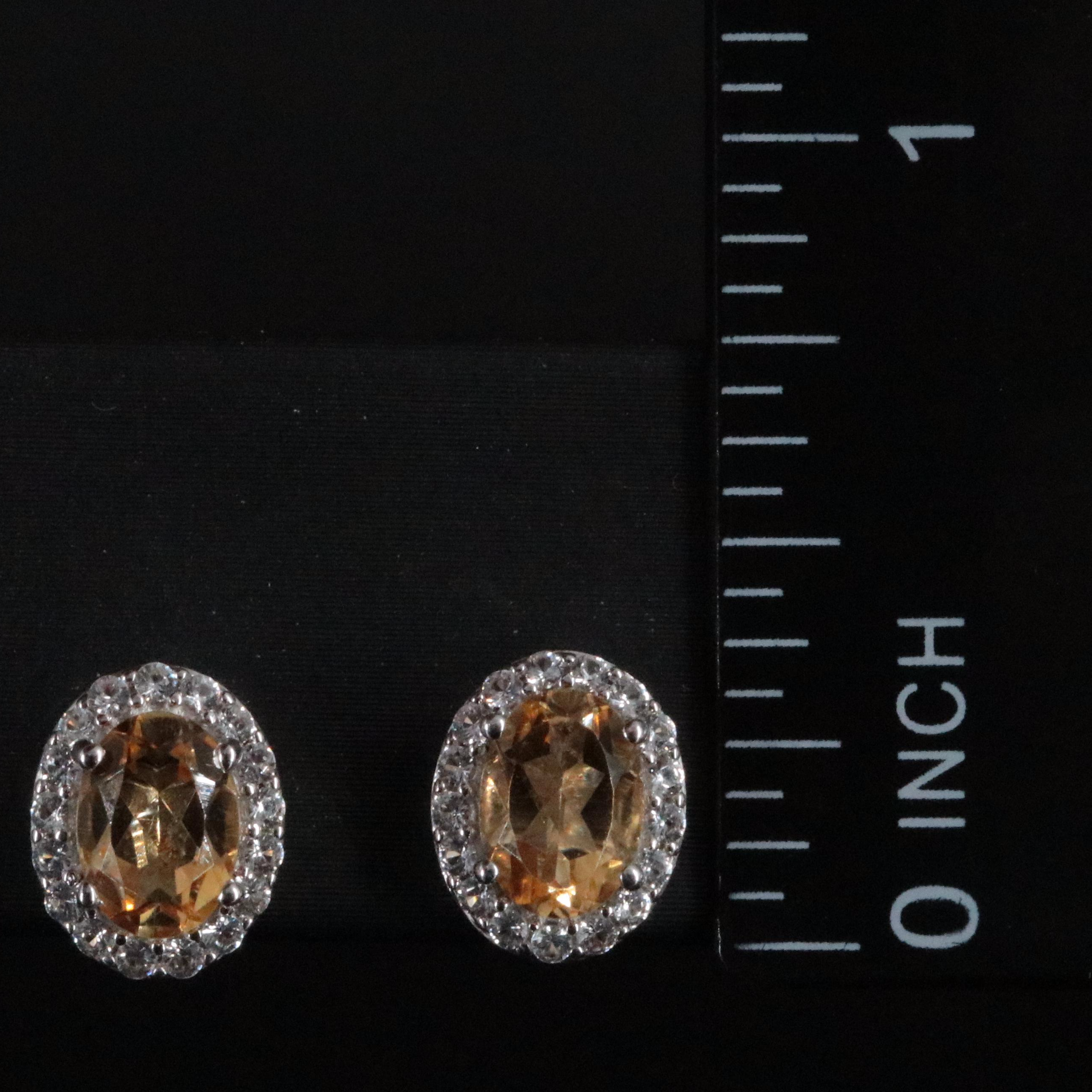 Sterling Citrine and Diamond Halo Stud Earrings