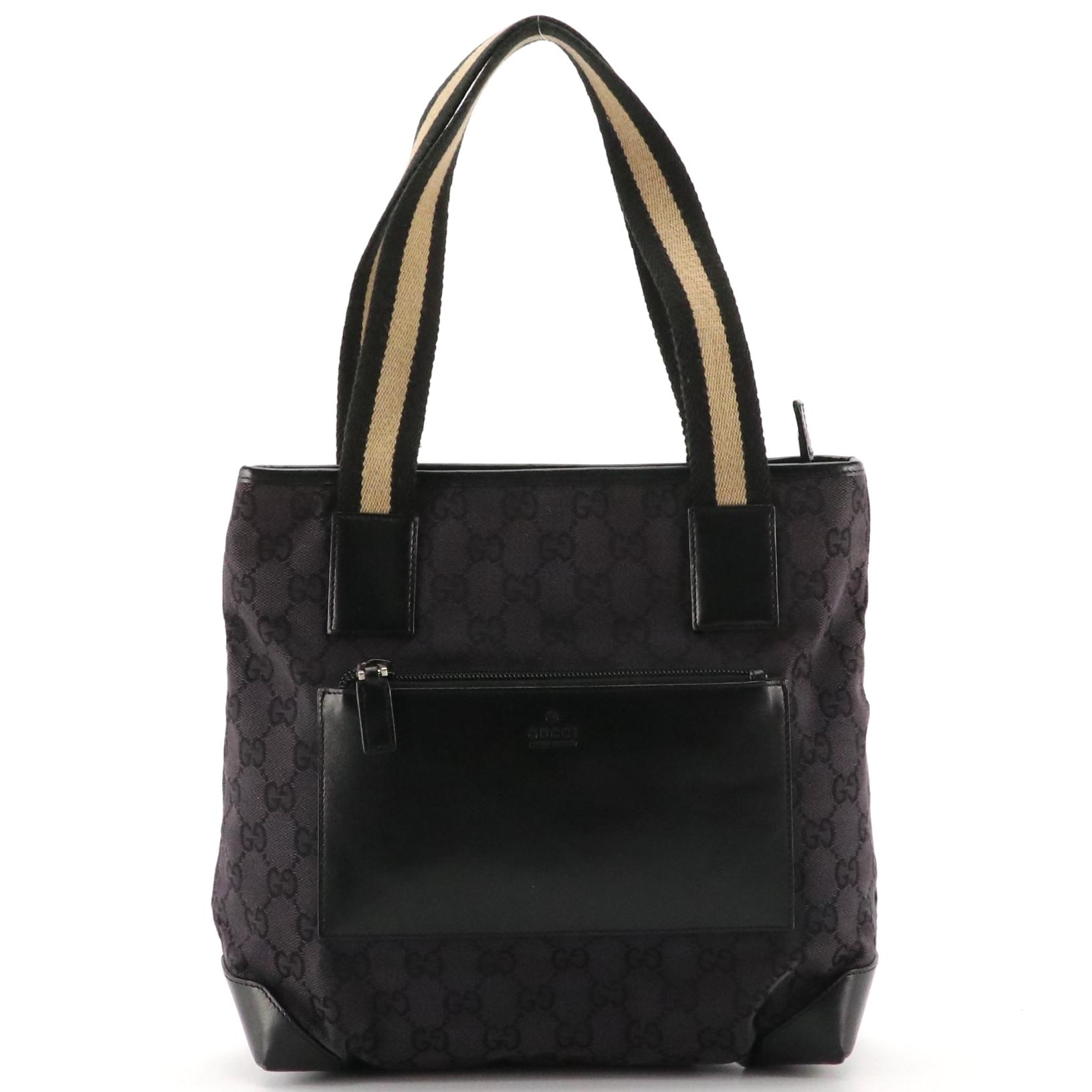 Gucci Web Strap Shoulder Bag in Black GG Canvas and Leather