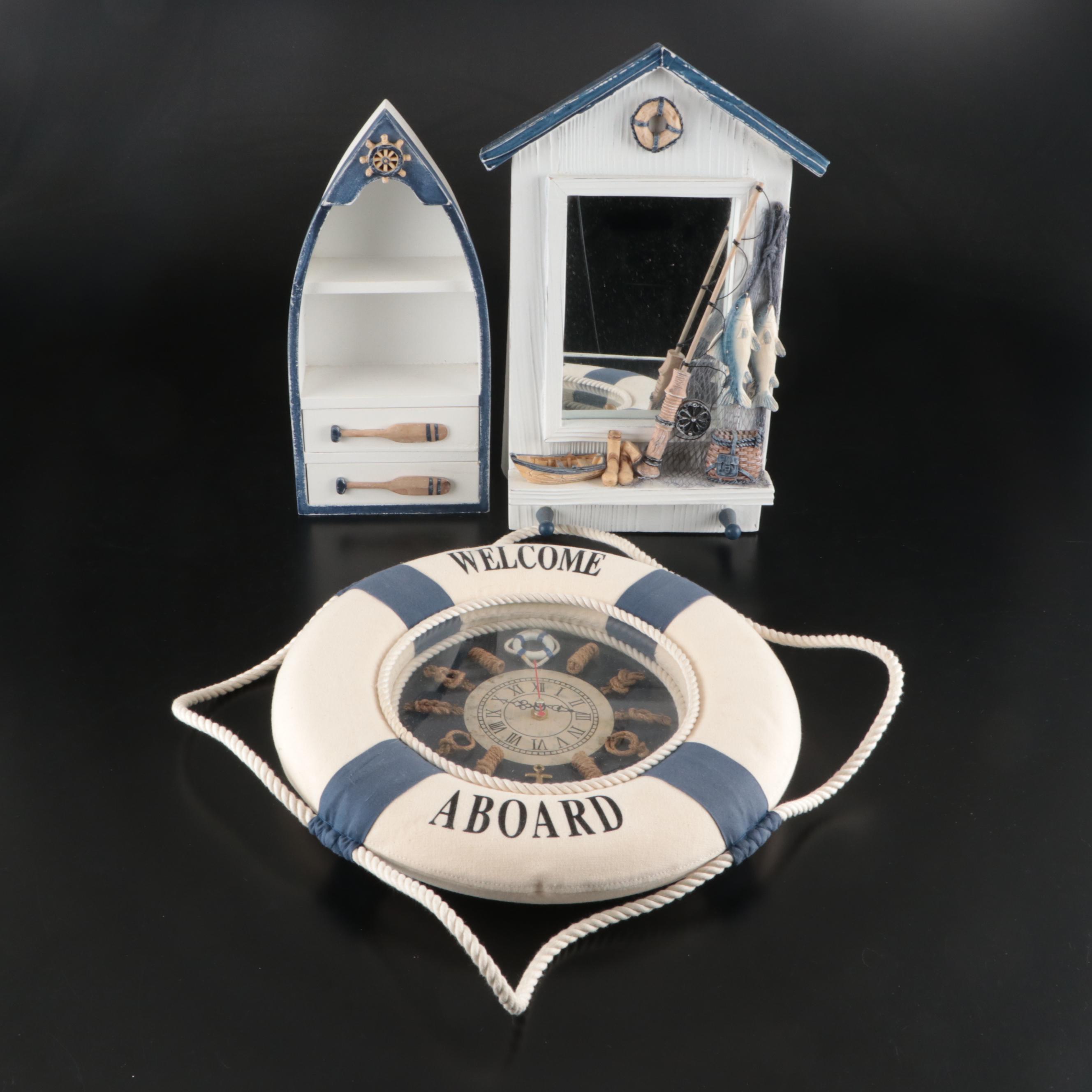Nautical Style Life Ring Wall Clock with Wood Mirror and Wall Hanging Décor