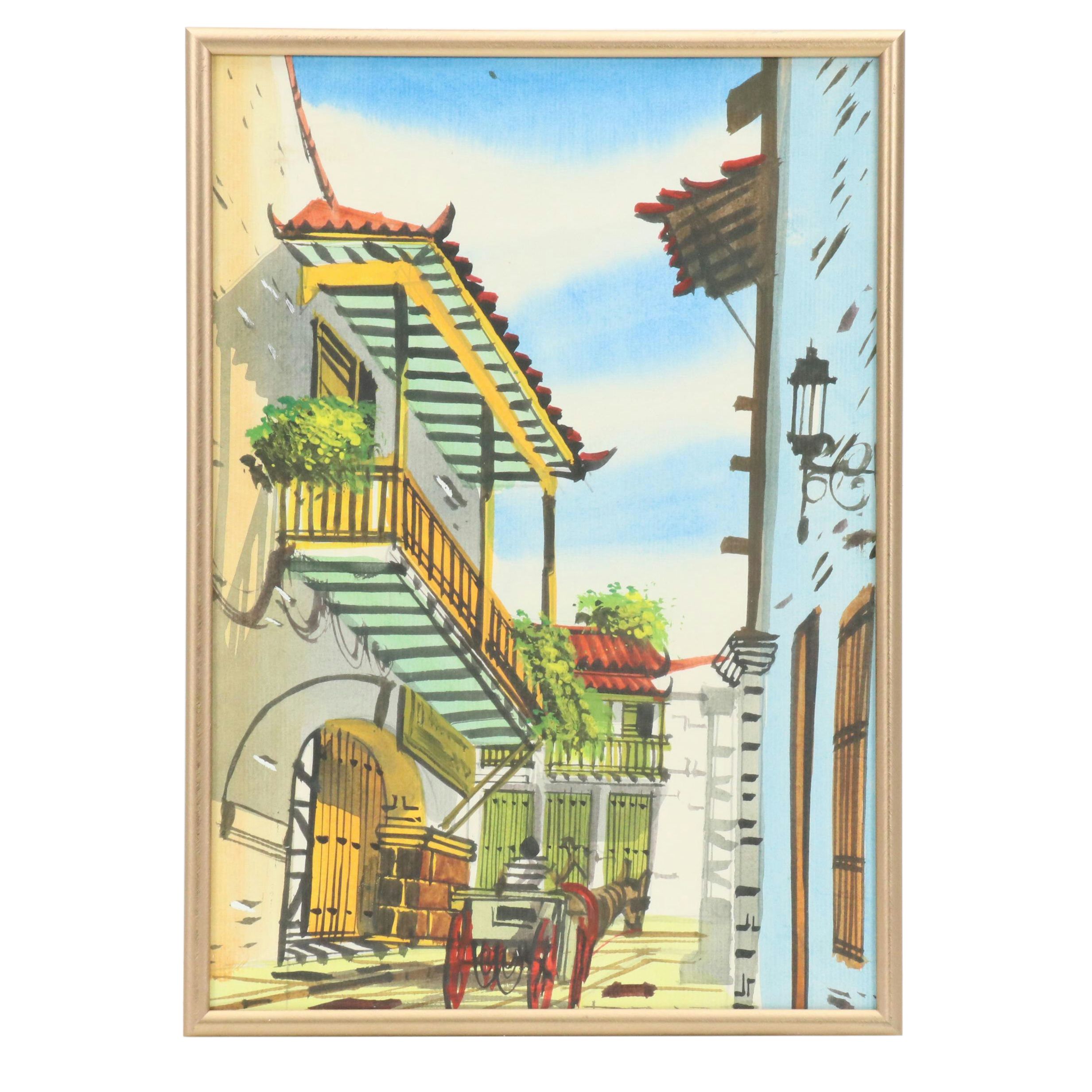 Gouache Painting of East Asian Style Street Scene, 21st Century